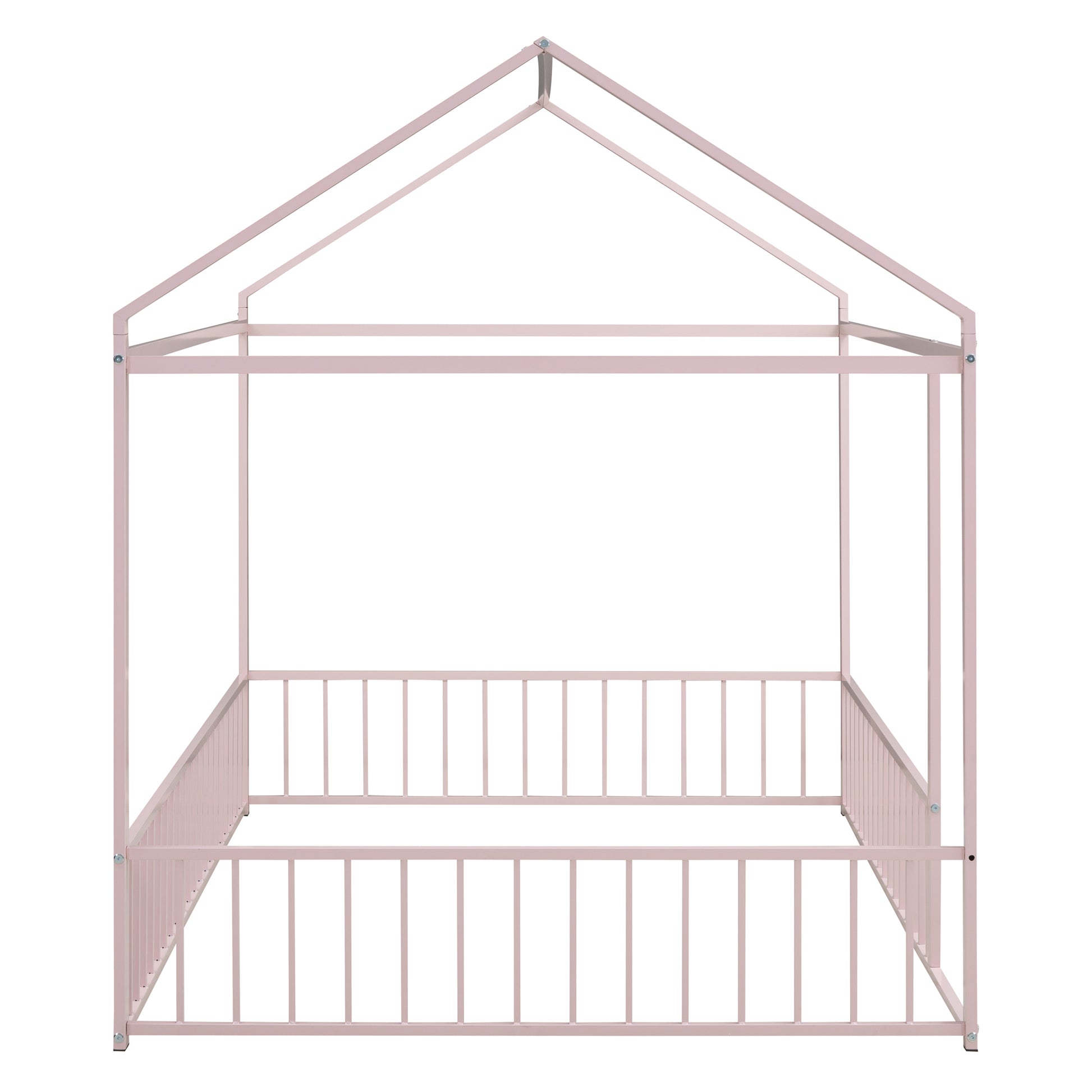 Full Size Metal Bed House Bed Frame With Fence, For Kids, Teens, Girls, Boys,Pink Pink Metal