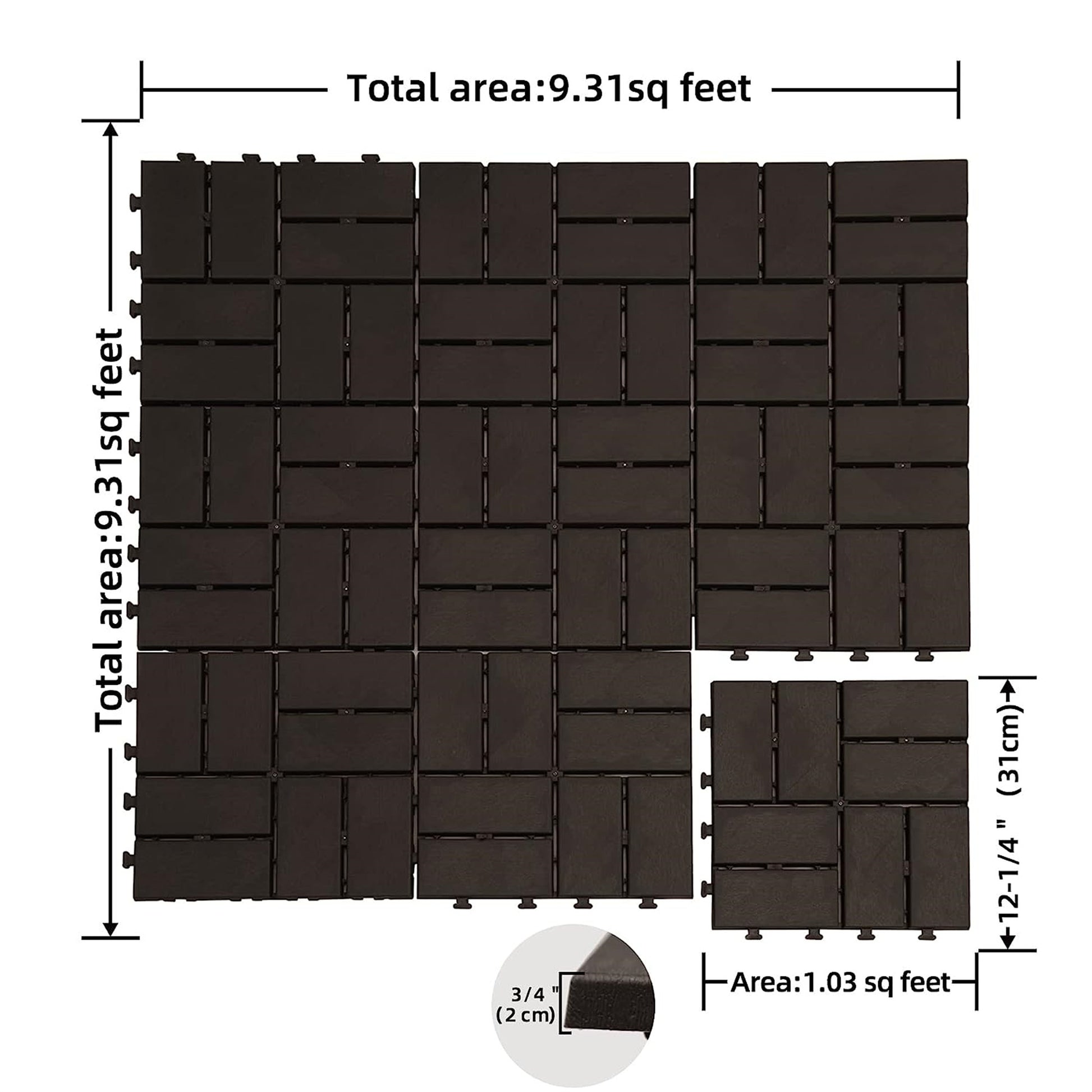 Patio Interlocking Deck Tiles, 12"X12" Square Composite Decking Tiles, Four Slat Plastic Outdoor Flooring Tile All Weather For Balcony Porch Backyard, Brown, Pack Of 36 Brown Plastic
