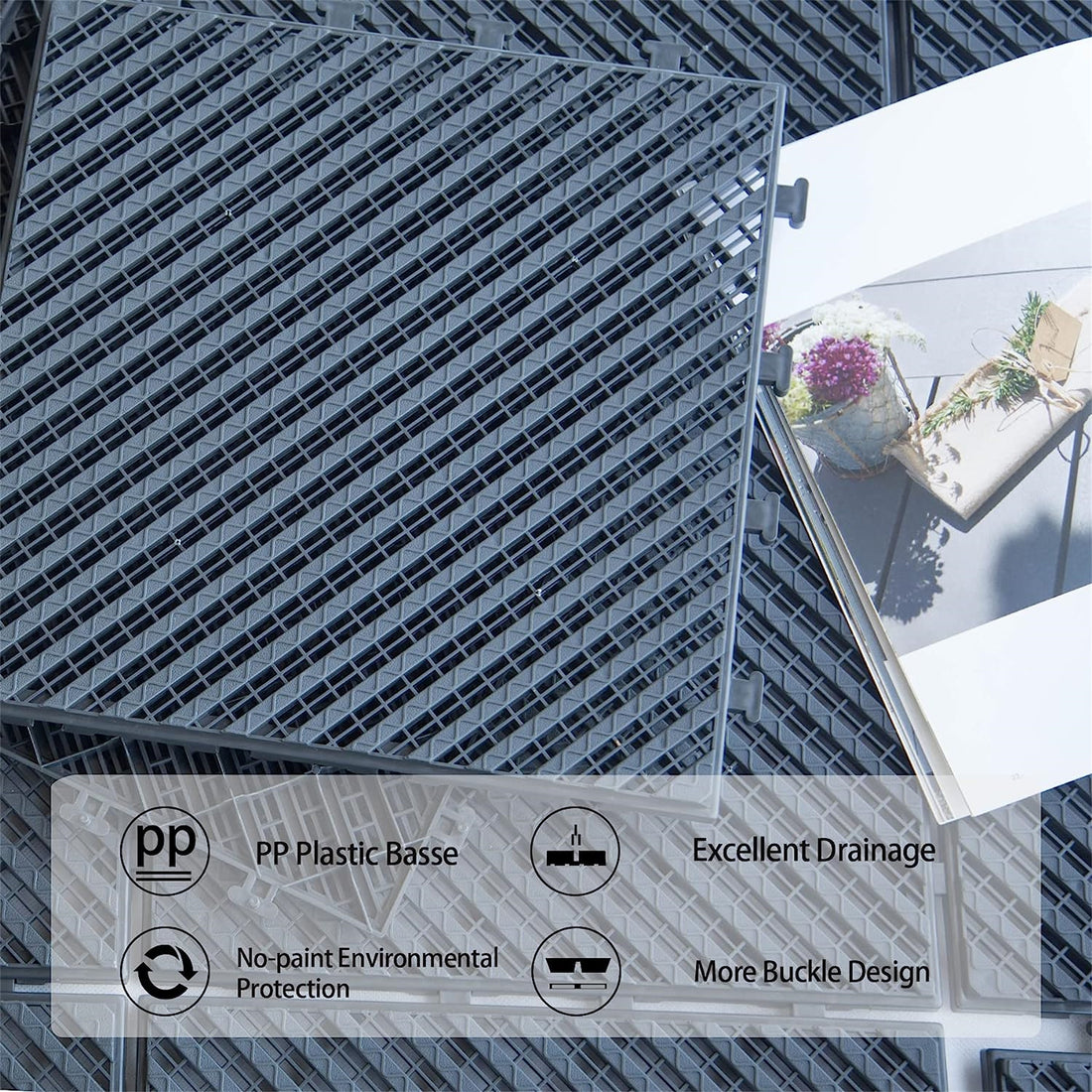 Patio Interlocking Deck Tiles, 12"X12" Square Composite Decking Tiles, Four Slat Plastic Outdoor Flooring Tile All Weather For Balcony Porch Backyard, Dark Gray, Pack Of 9 Dark Gray Plastic