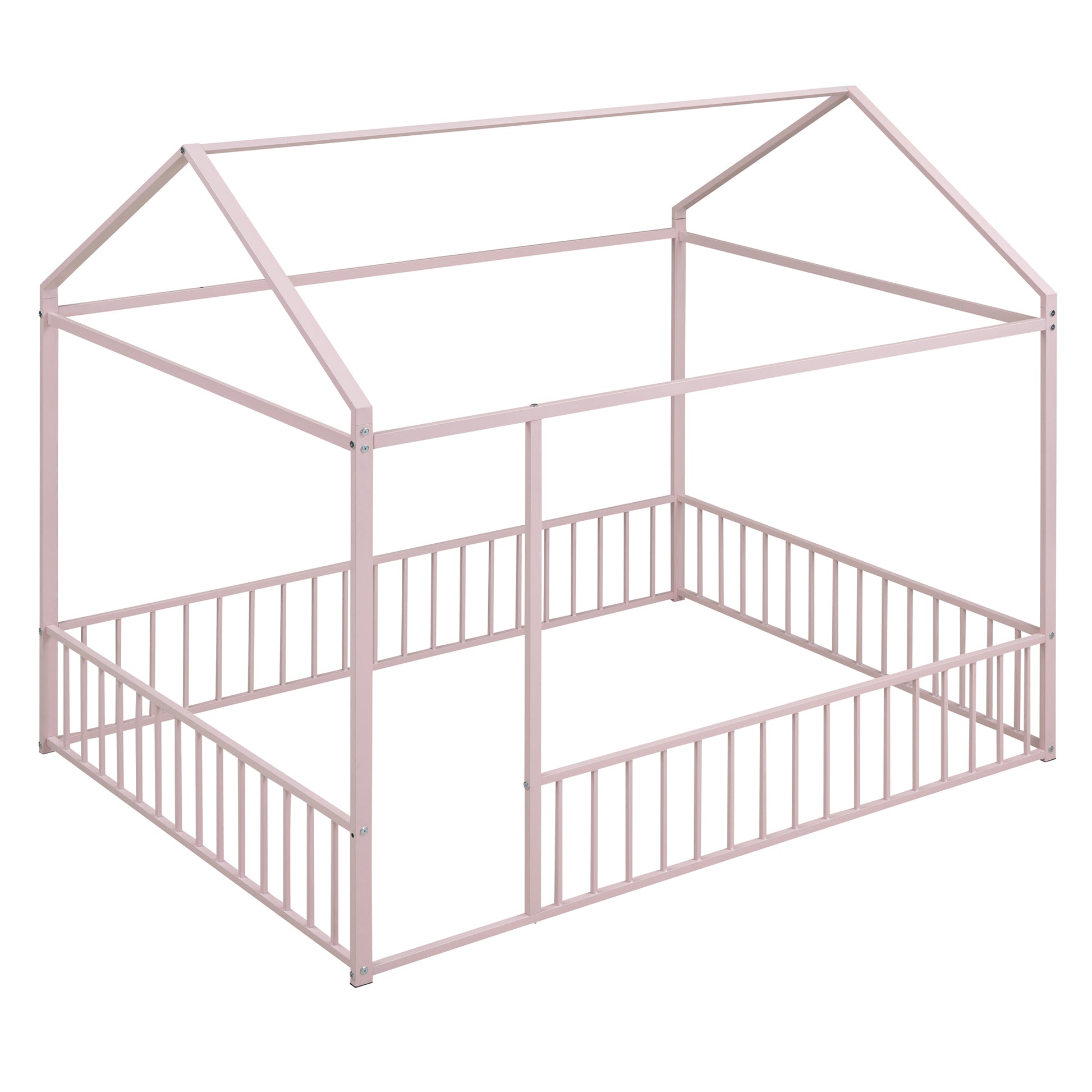 Full Size Metal Bed House Bed Frame With Fence, For Kids, Teens, Girls, Boys,Pink Pink Metal