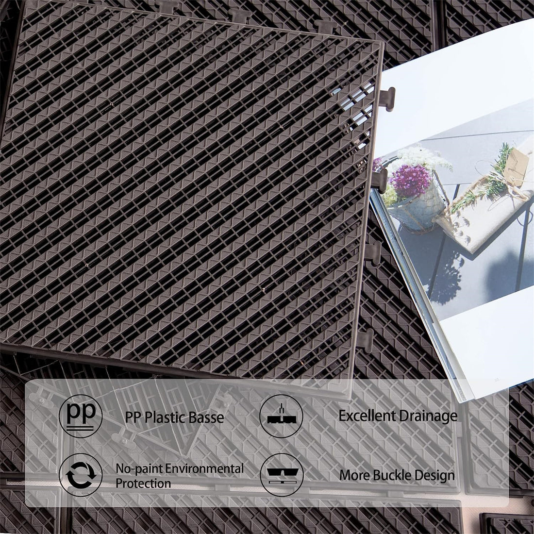 Patio Interlocking Deck Tiles, 12"X12" Square Composite Decking Tiles, Four Slat Plastic Outdoor Flooring Tile All Weather For Balcony Porch Backyard, Dark Brown, Pack Of 27 Dark Brown Plastic