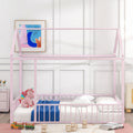 Full Size Metal Bed House Bed Frame With Fence, For Kids, Teens, Girls, Boys,Pink Pink Metal