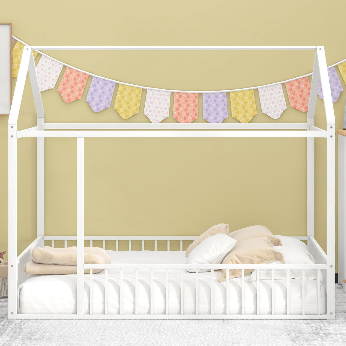 Full Size Metal Bed House Bed Frame With Fence, For Kids, Teens, Girls, Boys,White White Metal