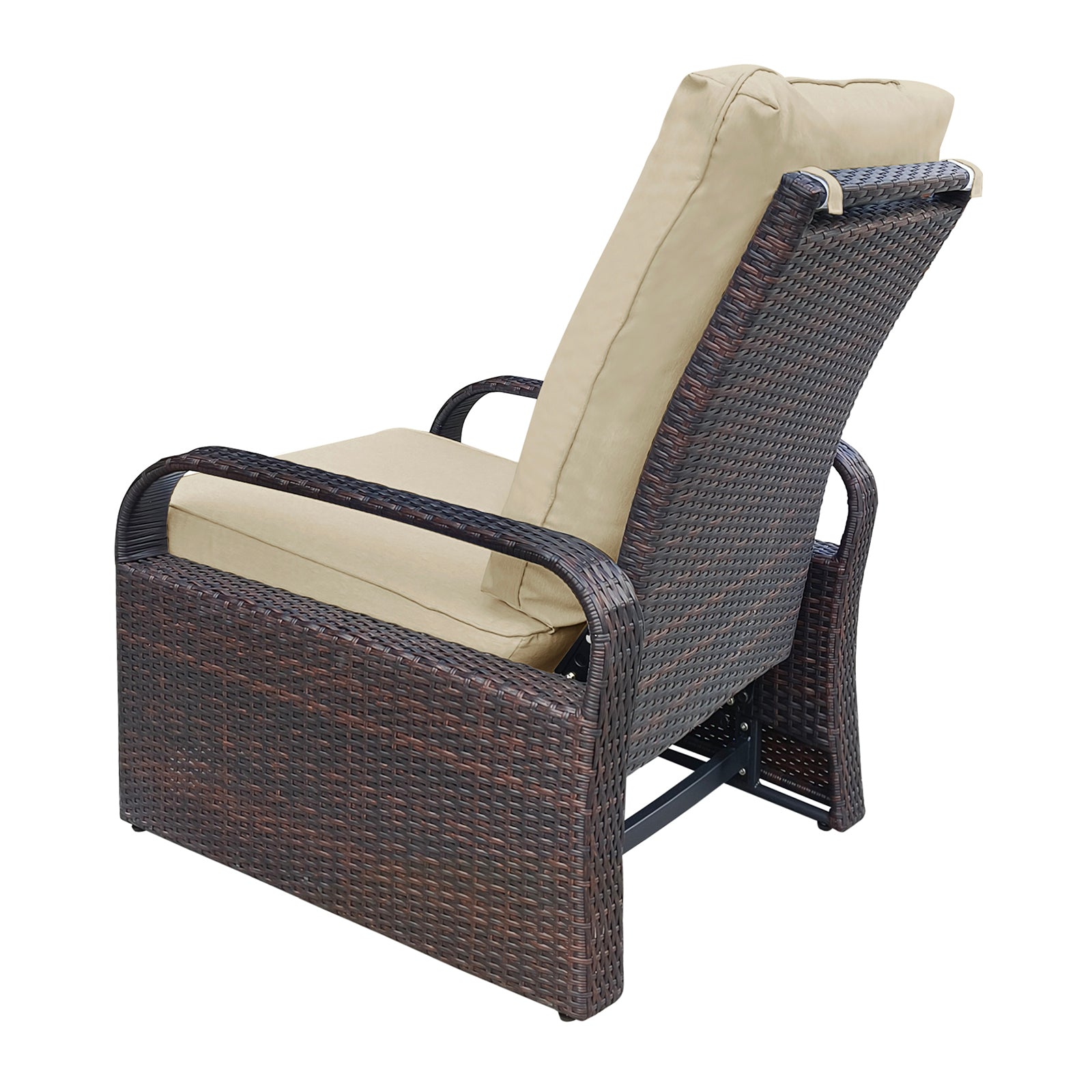 Outdoor Recliner, Automatic Adjustable Wicker Lounge Recliner Chair With Comfy Thicken Cushion, All Weather Aluminum Frame, Brown Wicker Khaki Cushion Yes Lounge Khaki Rust Resistant Frame Fade Resistant Cushion Garden & Outdoor Classic Complete Patio