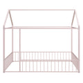 Full Size Metal Bed House Bed Frame With Fence, For Kids, Teens, Girls, Boys,Pink Pink Metal