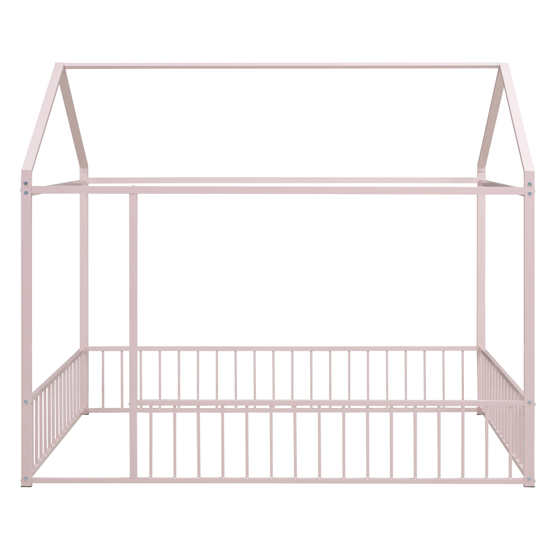 Full Size Metal Bed House Bed Frame With Fence, For Kids, Teens, Girls, Boys,Pink Pink Metal