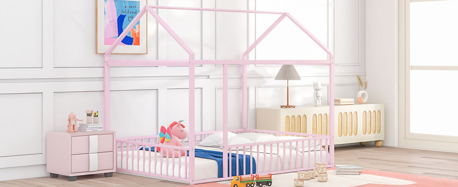 Full Size Metal Bed House Bed Frame With Fence, For Kids, Teens, Girls, Boys,Pink Pink Metal