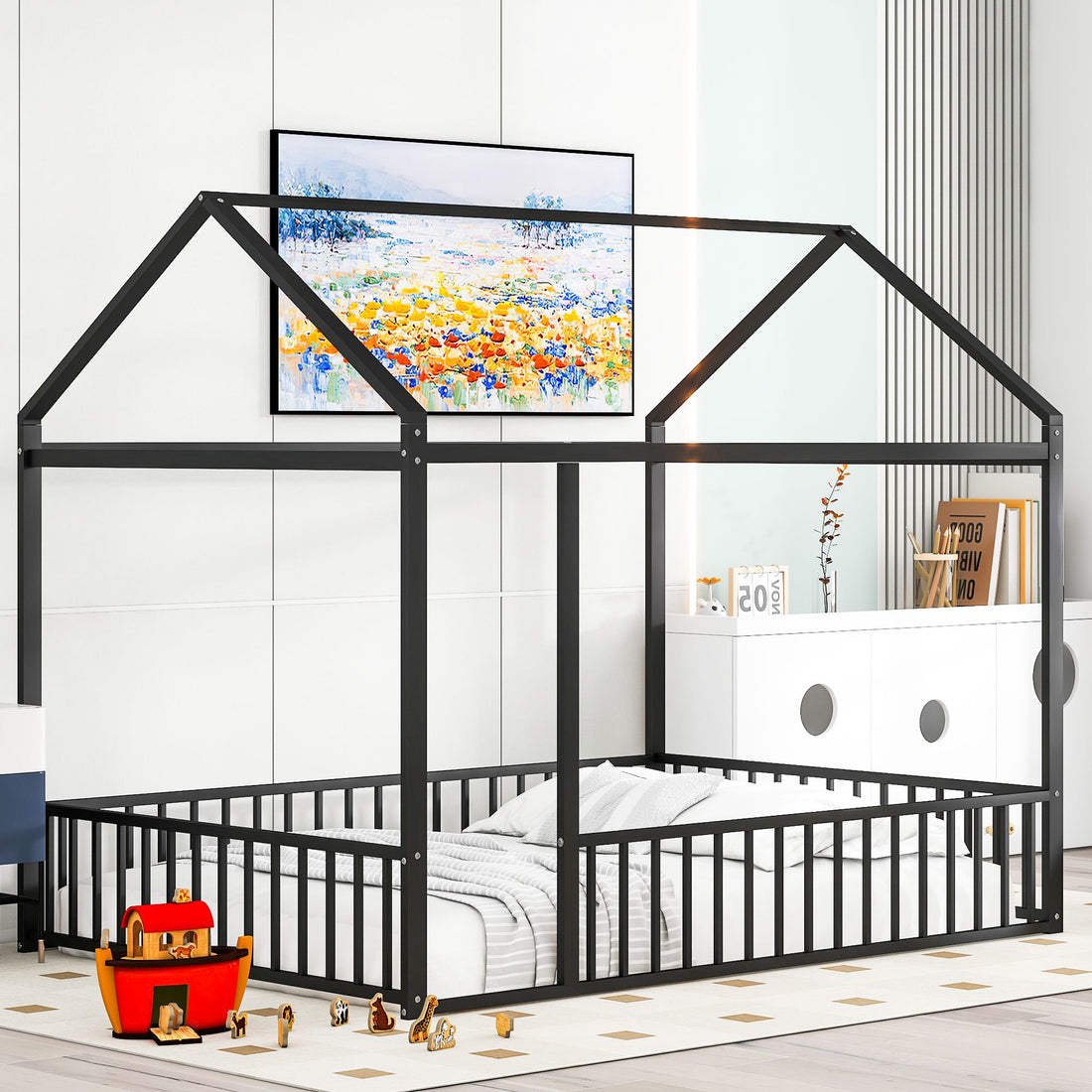 Full Size Metal Bed House Bed Frame With Fence, For Kids, Teens, Girls, Boys,Black Black Metal