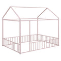 Full Size Metal Bed House Bed Frame With Fence, For Kids, Teens, Girls, Boys,Pink Pink Metal