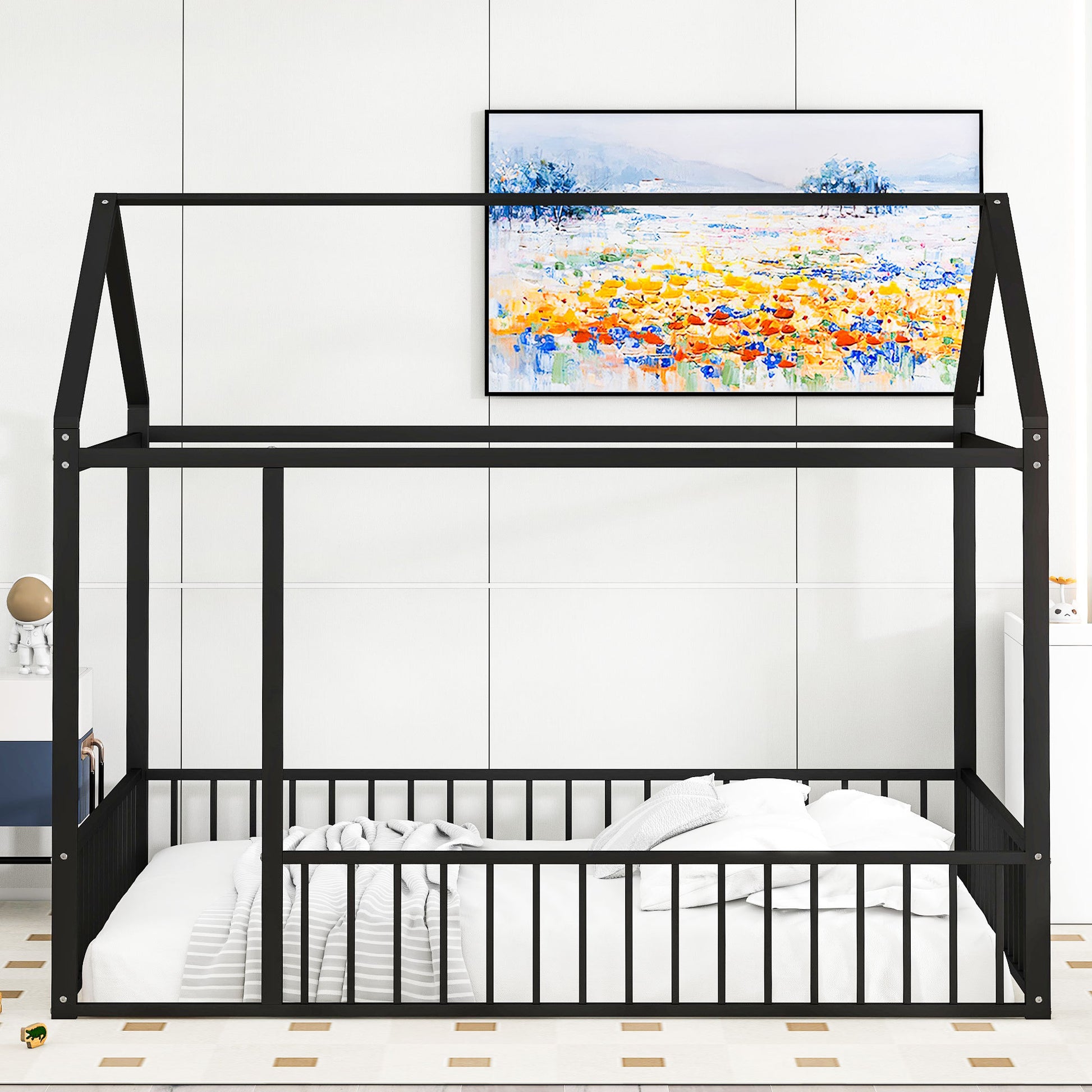 Full Size Metal Bed House Bed Frame With Fence, For Kids, Teens, Girls, Boys,Black Black Metal