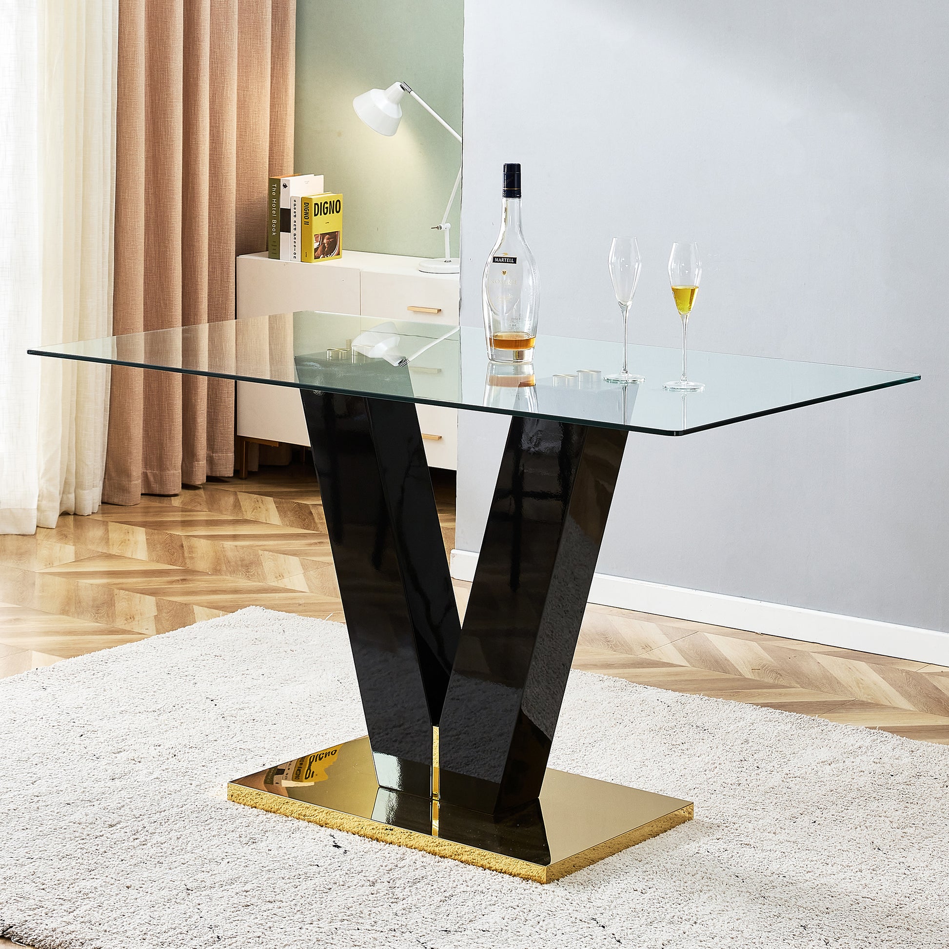 Large Modern Minimalist Rectangular Glass Dining Table For 6 8 With 0.4" Tempered Glass Tabletop And Mdf Slab V Shaped Bracket,For Kitchen Dining Living Meeting Room Banquet Hall F V Transparent Glass