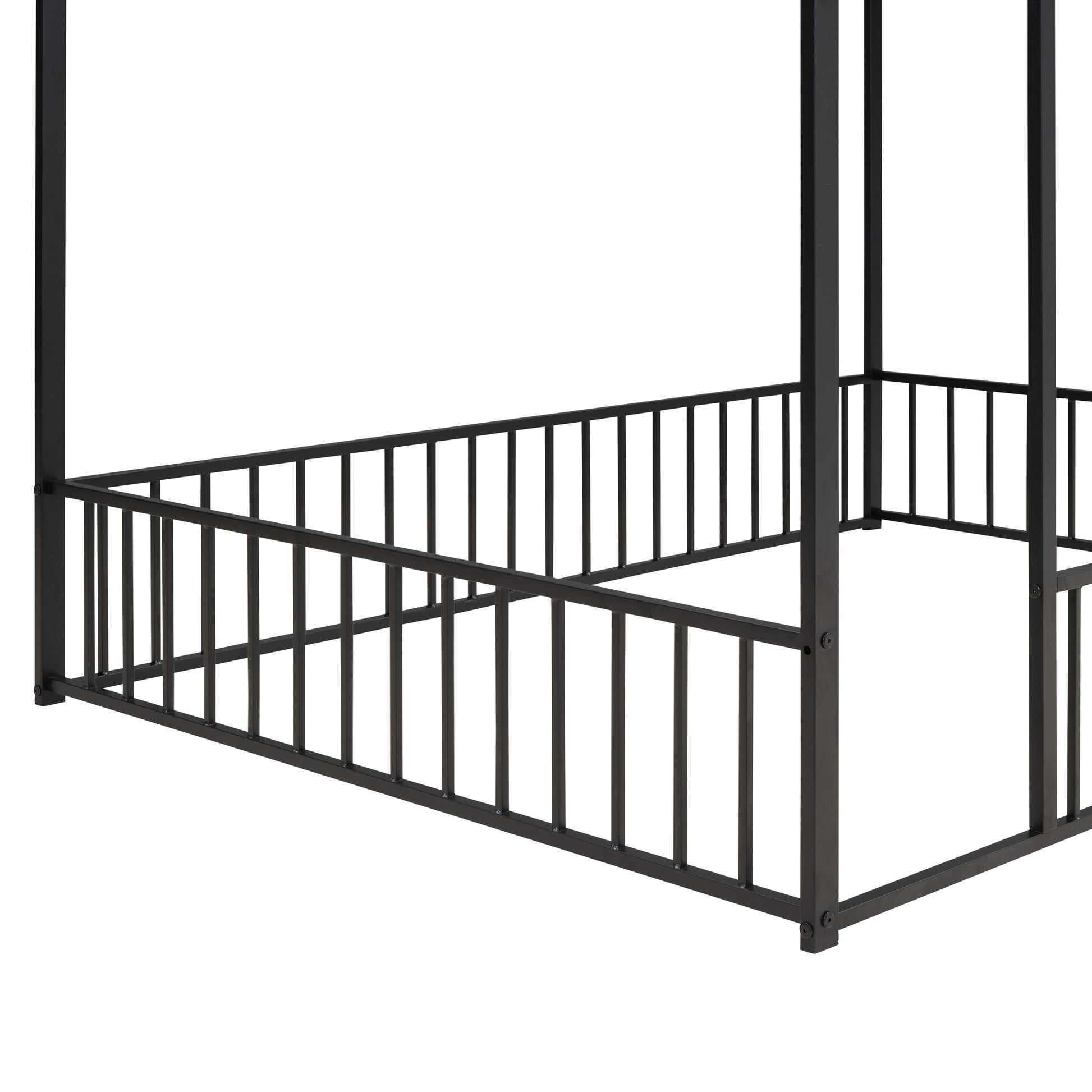 Full Size Metal Bed House Bed Frame With Fence, For Kids, Teens, Girls, Boys,Black Black Metal