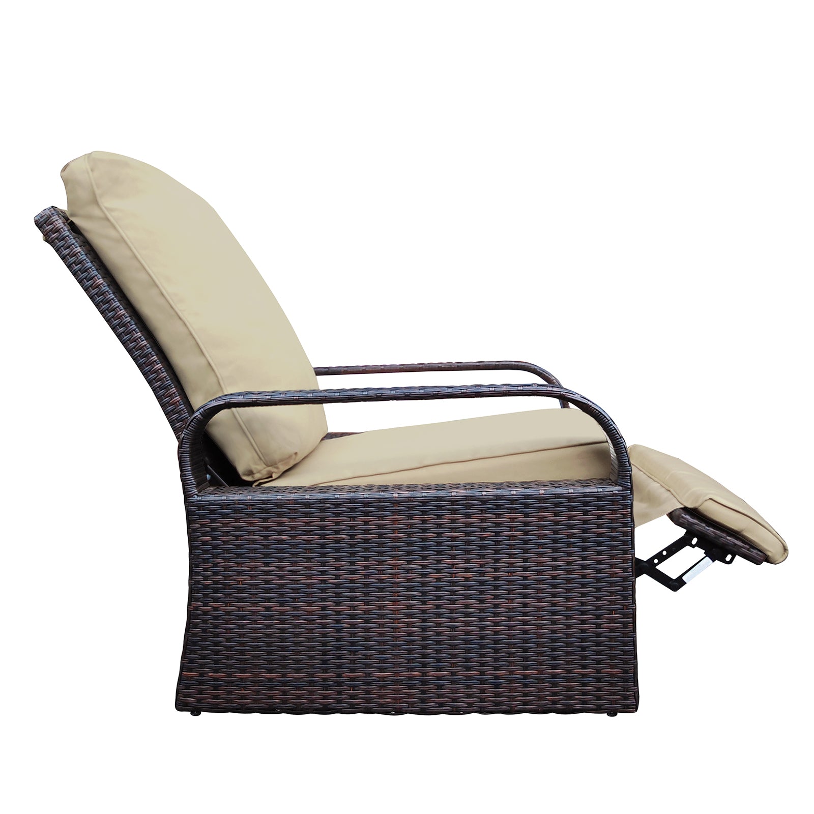 Outdoor Recliner, Automatic Adjustable Wicker Lounge Recliner Chair With Comfy Thicken Cushion, All Weather Aluminum Frame, Brown Wicker Khaki Cushion Yes Lounge Khaki Rust Resistant Frame Fade Resistant Cushion Garden & Outdoor Classic Complete Patio