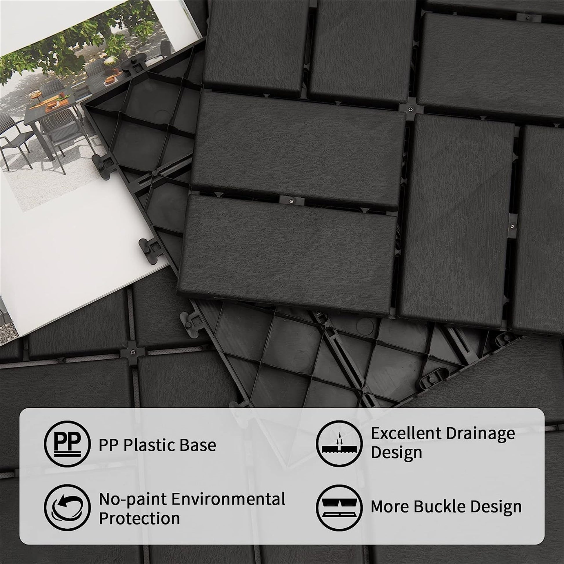 Patio Interlocking Deck Tiles, 12"X12" Square Composite Decking Tiles, Checked Plastic Outdoor Flooring Tile All Weather For Balcony Porch Backyard, Gray, Pack Of 9 Gray Plastic