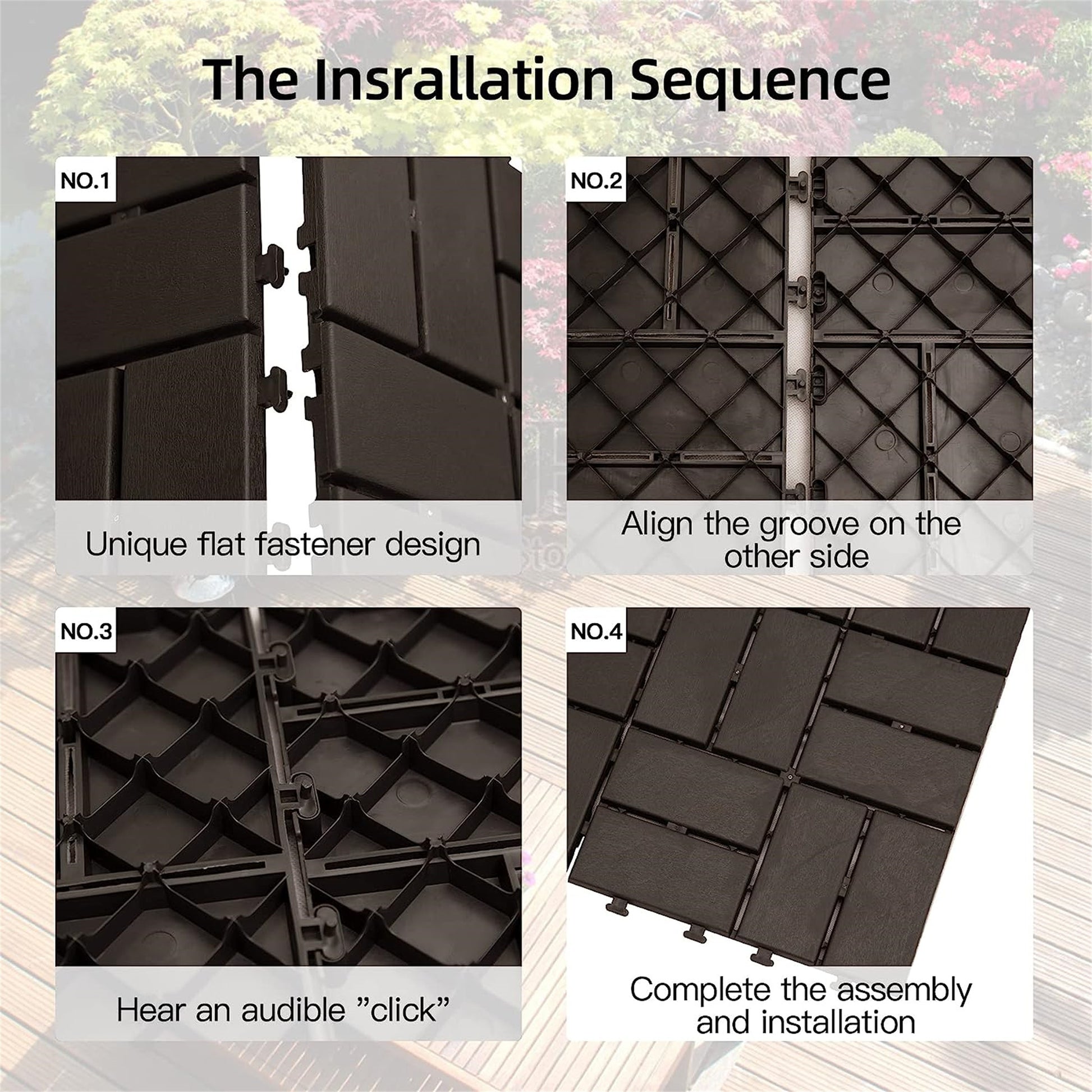 Patio Interlocking Deck Tiles, 12"X12" Square Composite Decking Tiles, Four Slat Plastic Outdoor Flooring Tile All Weather For Balcony Porch Backyard, Brown, Pack Of 44 Brown Plastic