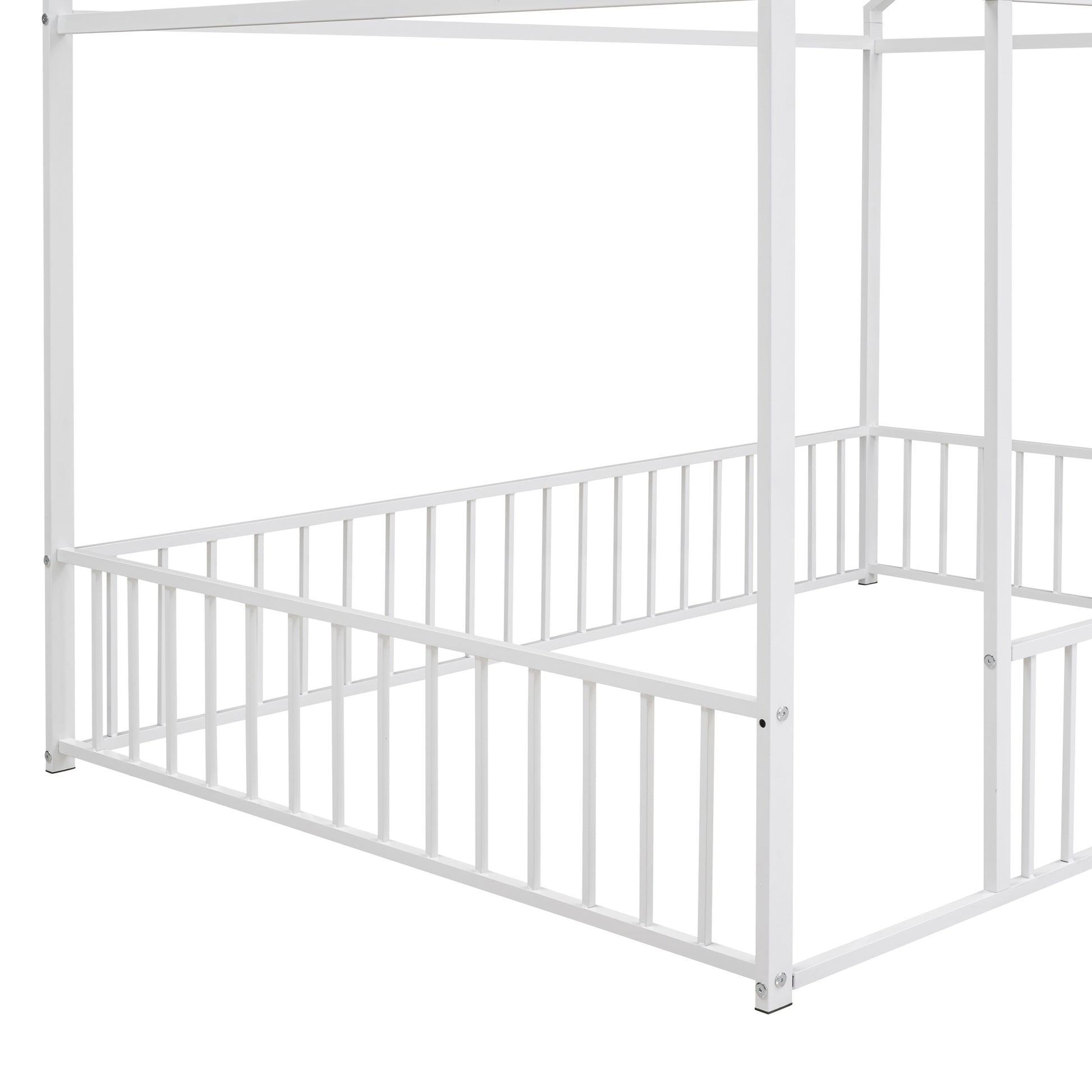 Full Size Metal Bed House Bed Frame With Fence, For Kids, Teens, Girls, Boys,White White Metal