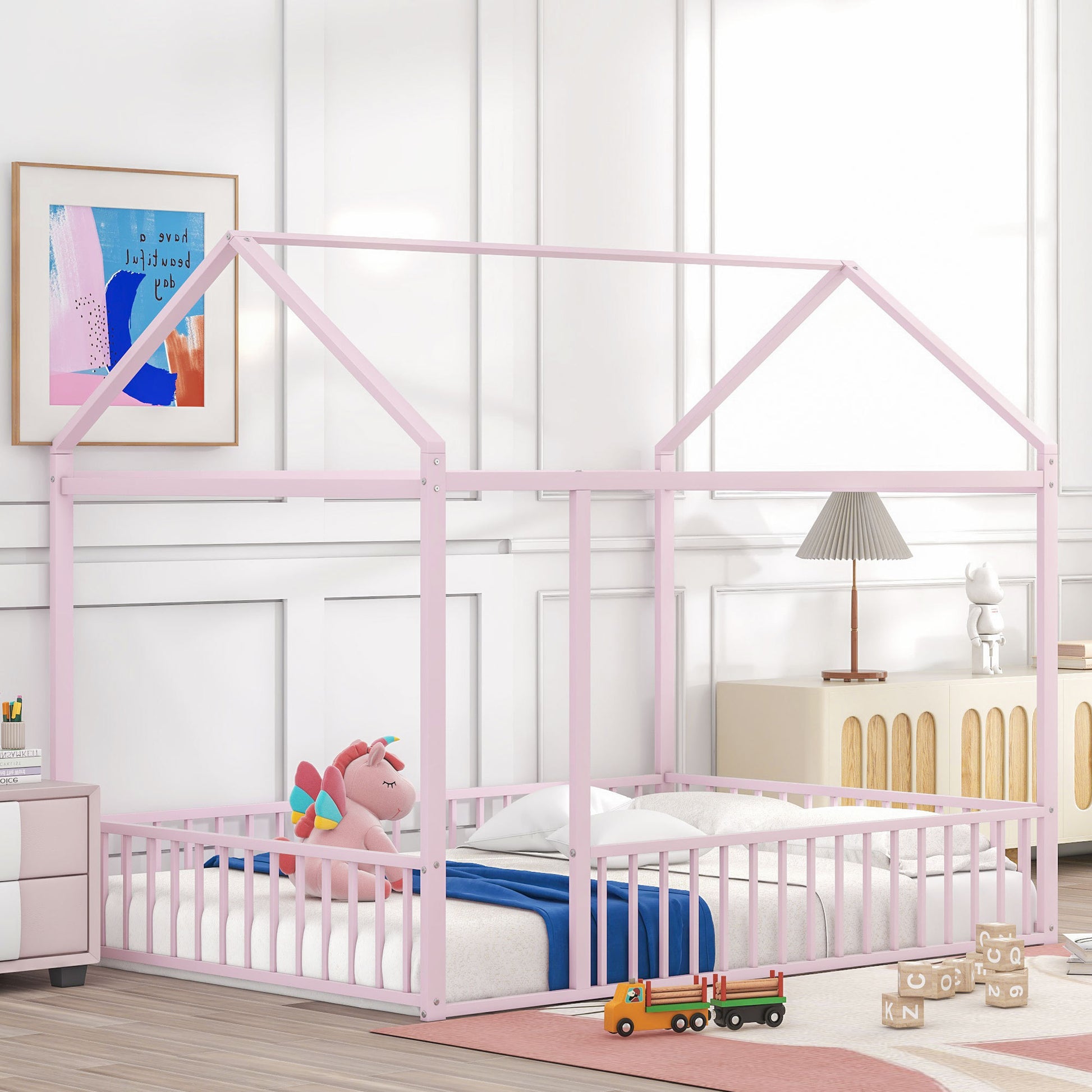 Full Size Metal Bed House Bed Frame With Fence, For Kids, Teens, Girls, Boys,Pink Pink Metal