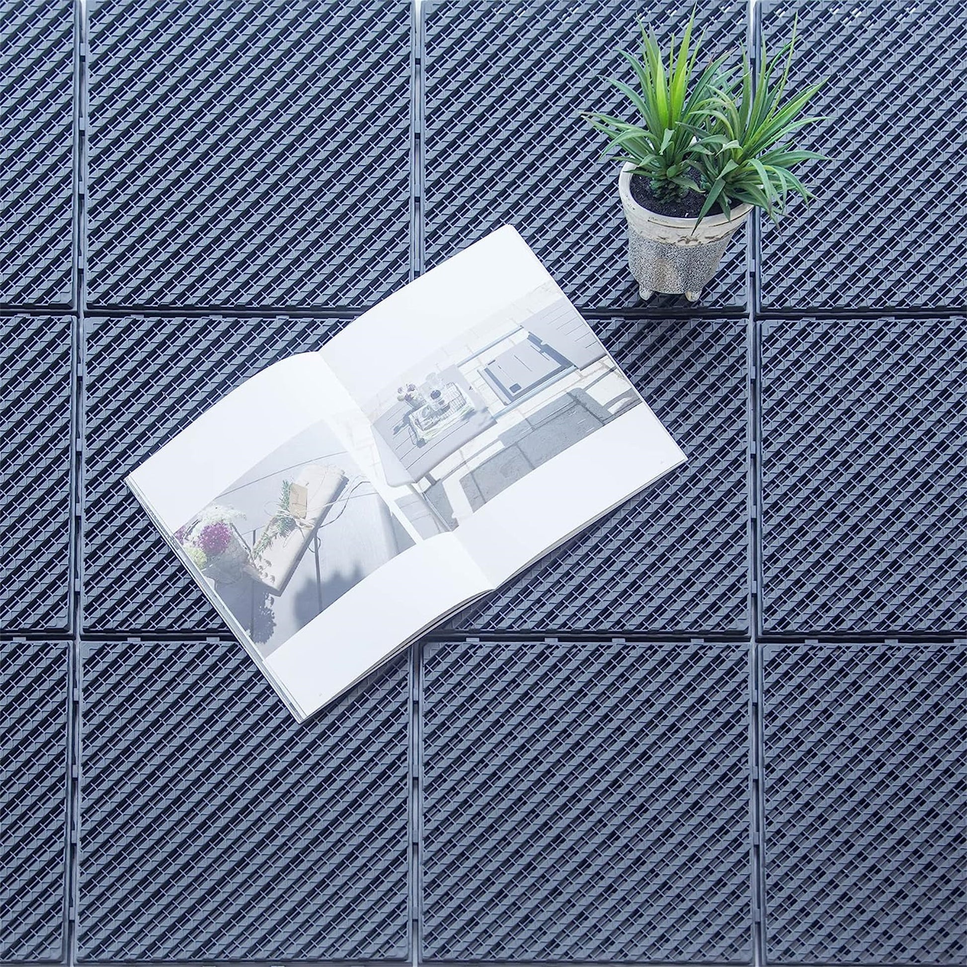 Patio Interlocking Deck Tiles, 12"X12" Square Composite Decking Tiles, Four Slat Plastic Outdoor Flooring Tile All Weather For Balcony Porch Backyard, Dark Gray, Pack Of 9 Dark Gray Plastic