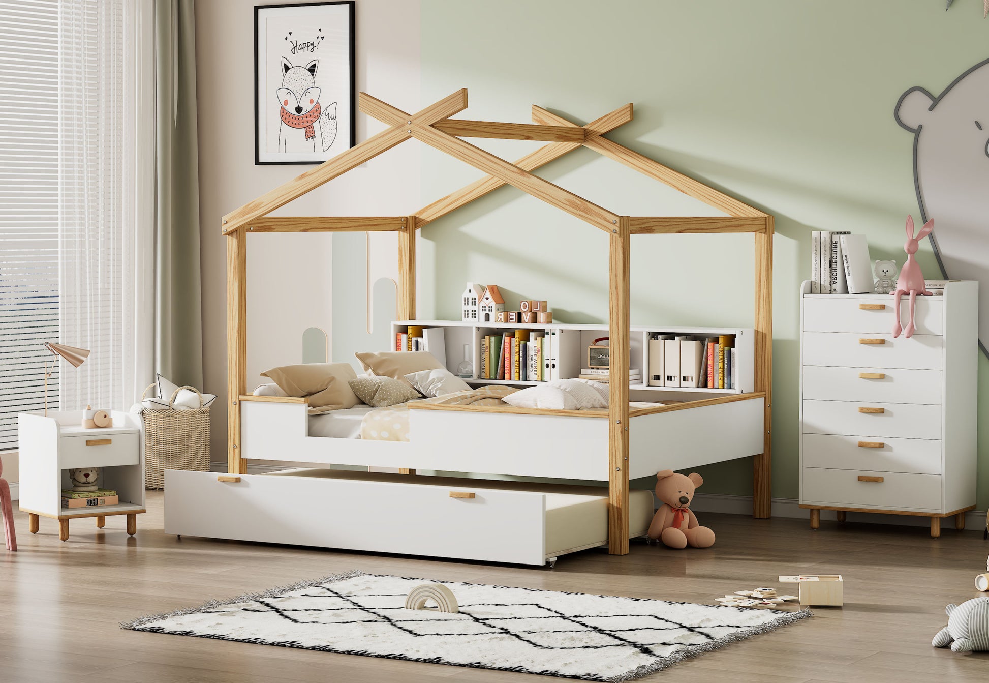 White Full Size Wooden House Bed With Original Wood Colored Frame Twin Size Trundle And Bookshelf Storage Space For Children Or Guest Room Full White Wood