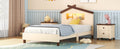 Twin Size Wood Platform Bed With House Shaped Headboard And Motion Activated Night Lights Cream Walnut Cream Wood