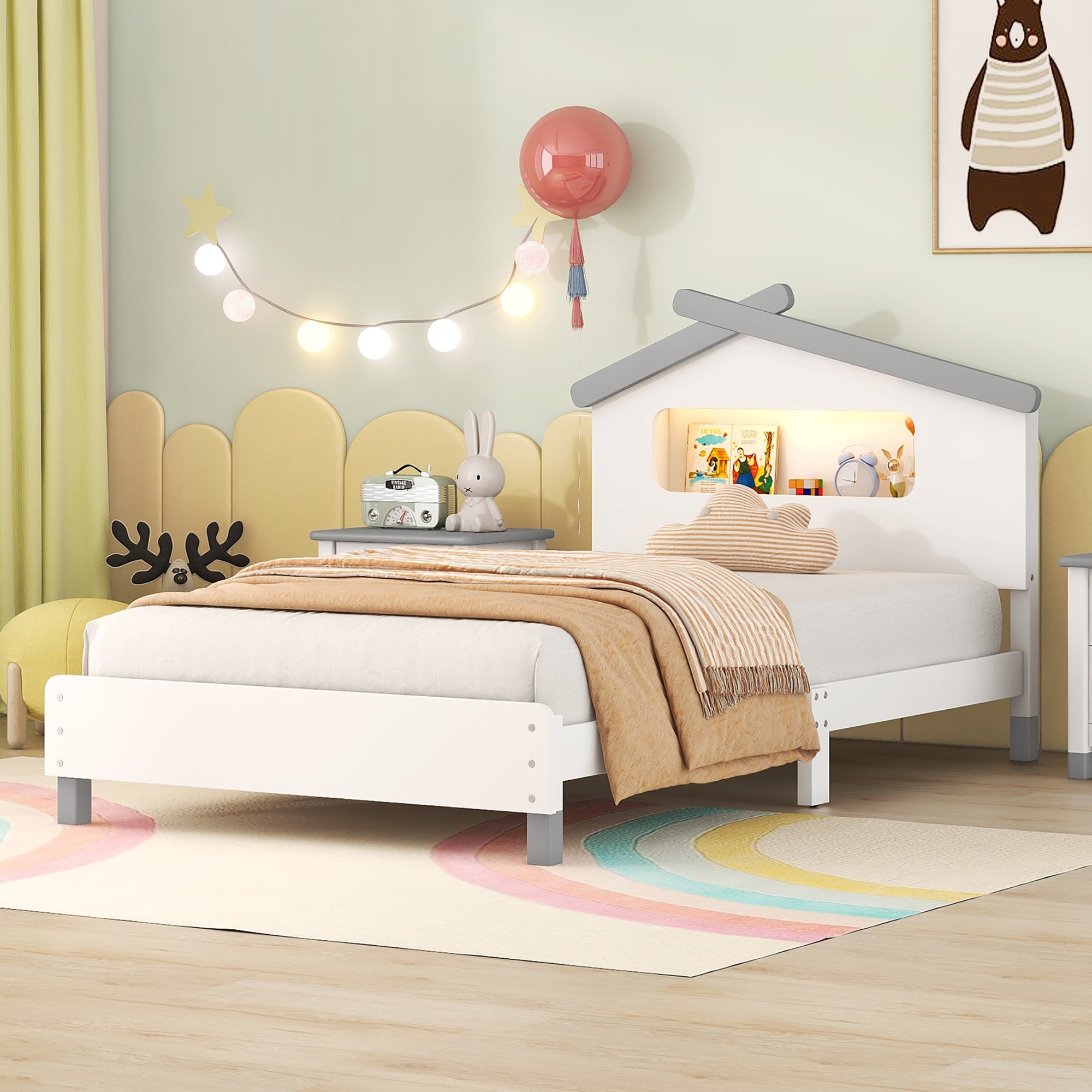 Twin Size Wood Platform Bed With House Shaped Headboard And Motion Activated Night Lights White Gray White Wood