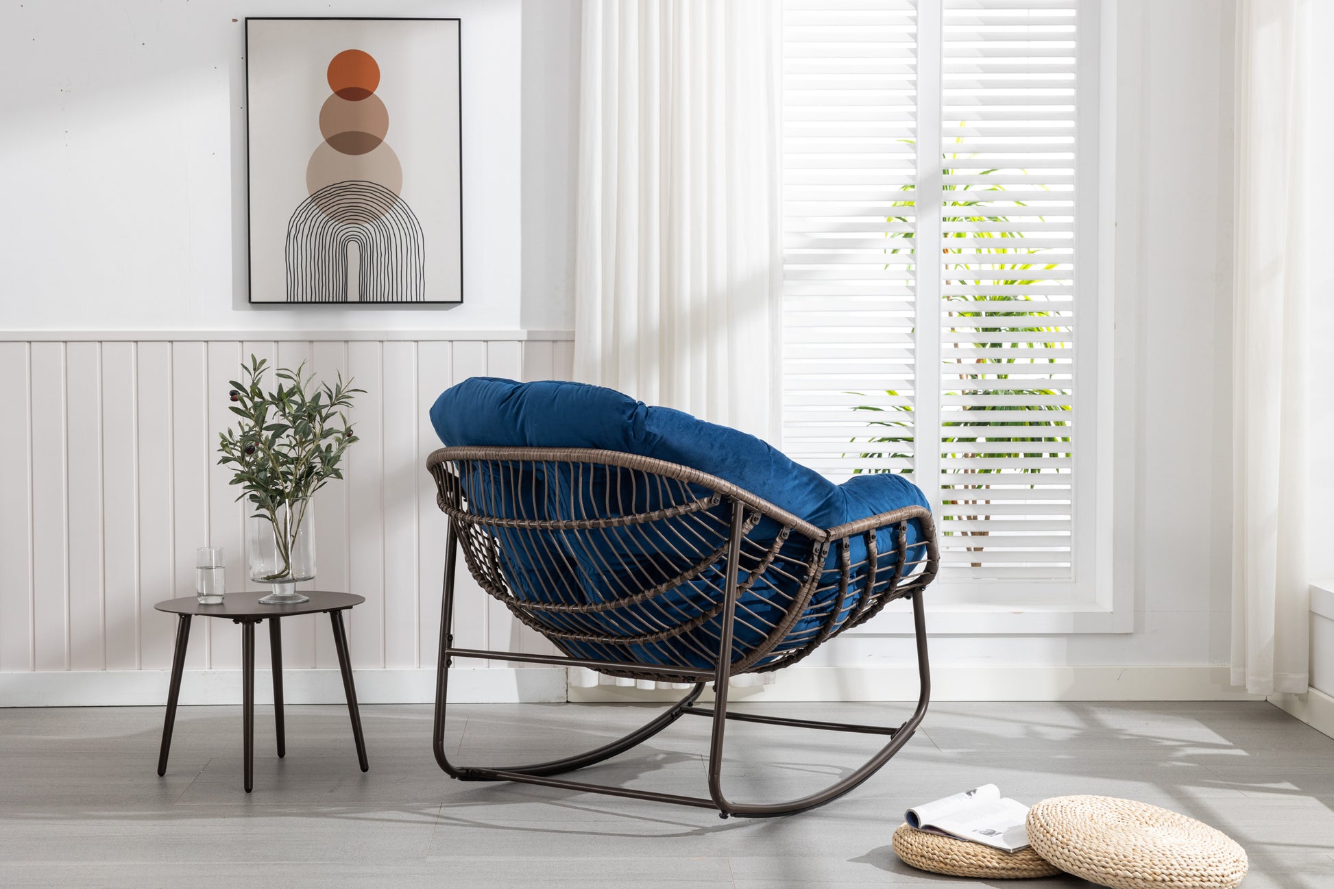 Outdoor Rattan Rocking Chair,Padded Cushion Rocker Recliner Chair Outdoor For Front Porch, Living Room, Patio, Garden, Navy Blue Navy Blue Cotton Steel