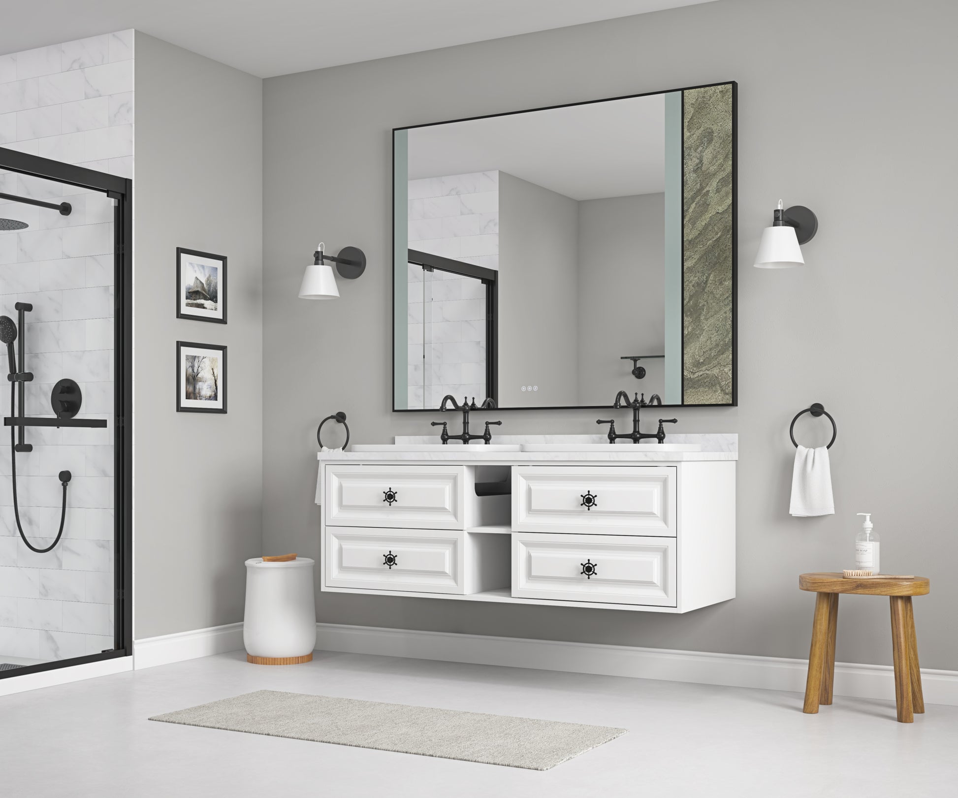 60*23*21In Wall Hung Doulble Sink Bath Vanity Cabinet Only In Bathroom Vanities Without Tops White Abs Steel Q235 Wood Pvc