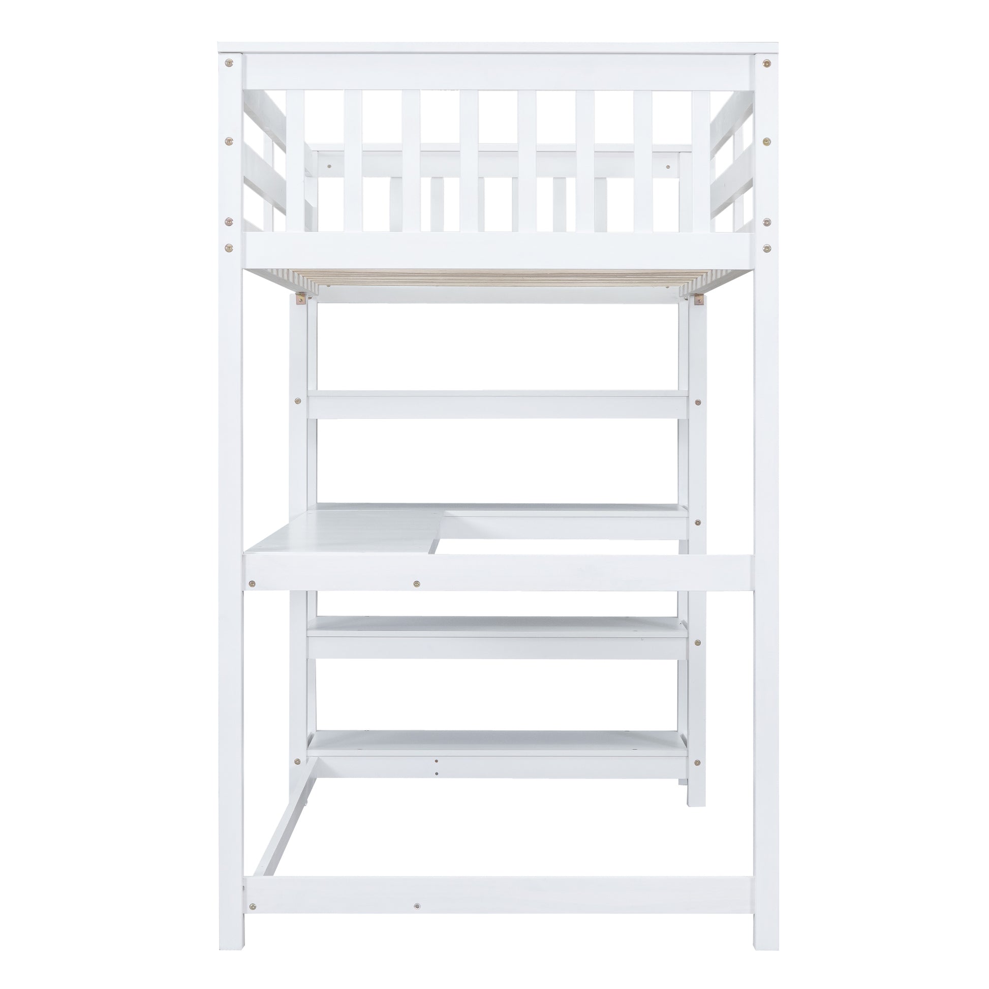 Twin Size Loft Bed With Storage Shelves And Under Bed Desk, White White Pine