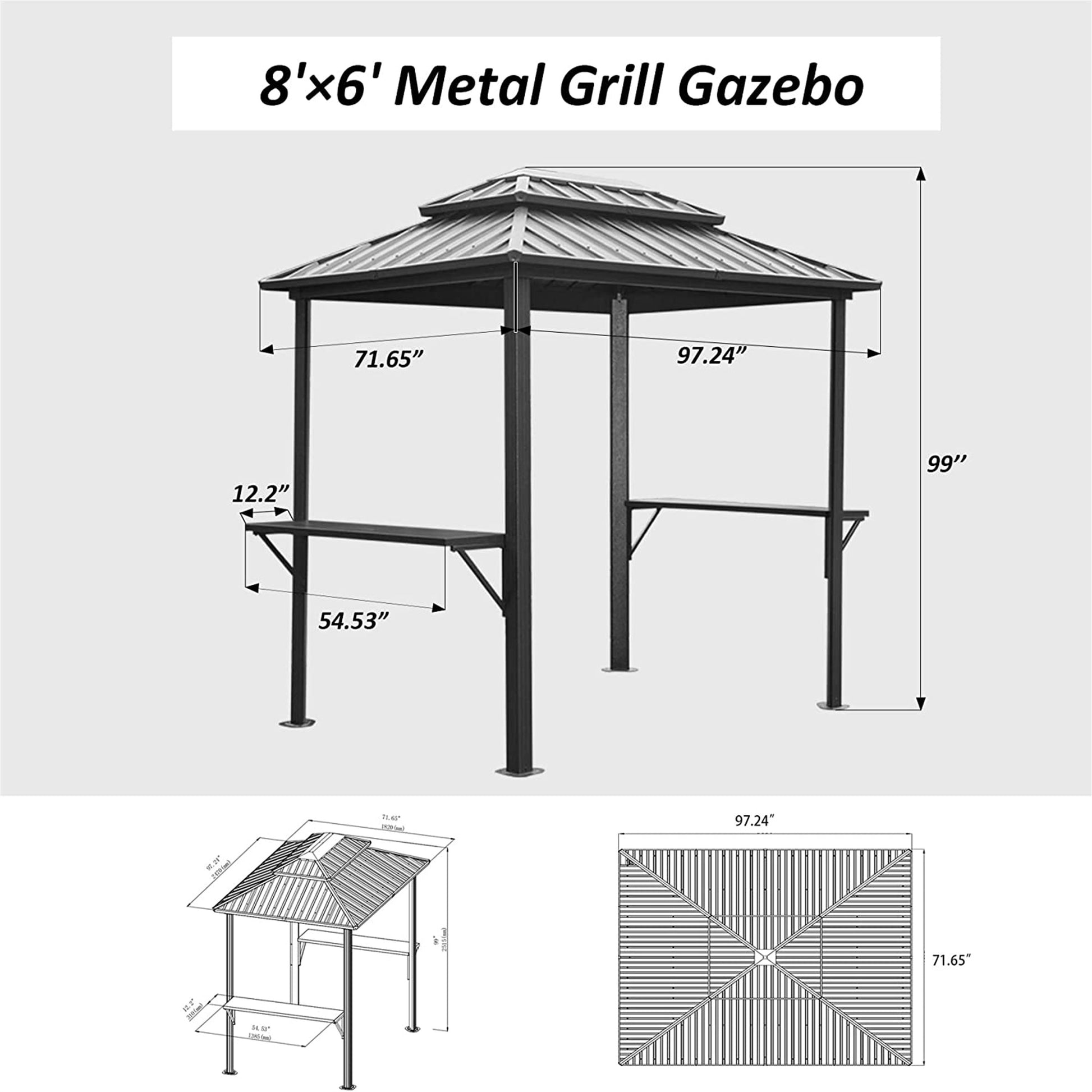 Grill Gazebo 8' 6', Aluminum Bbq Gazebo Outdoor Metal Frame With Shelves Serving Tables, Permanent Double Roof Hard Top Gazebos For Patio Lawn Deck Backyard And Garden Grey Grey Metal