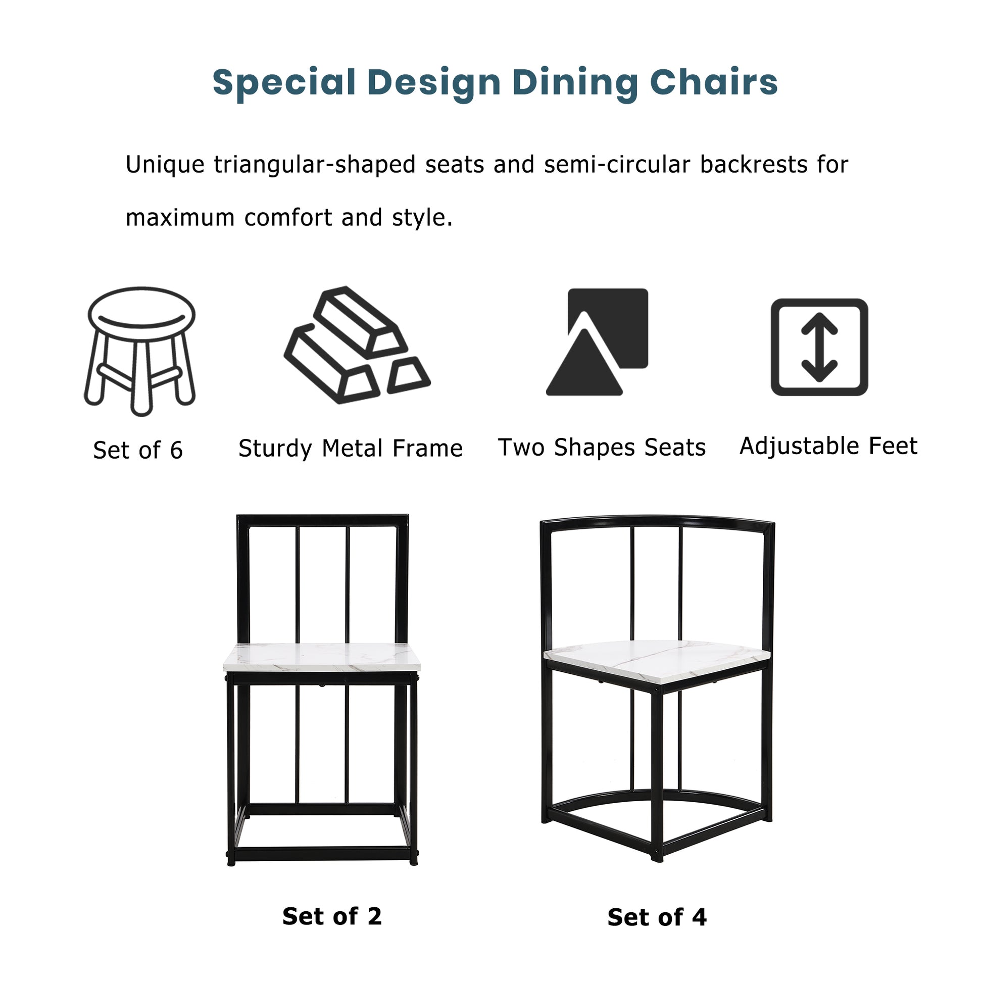 Modern 7 Piece Dining Table Set With Faux Marble Compact 55Inch Kitchen Table Set For 6, Black White Metal White Black Seats 6 Metal Dining Room Modern Dining Table With Chair Iron
