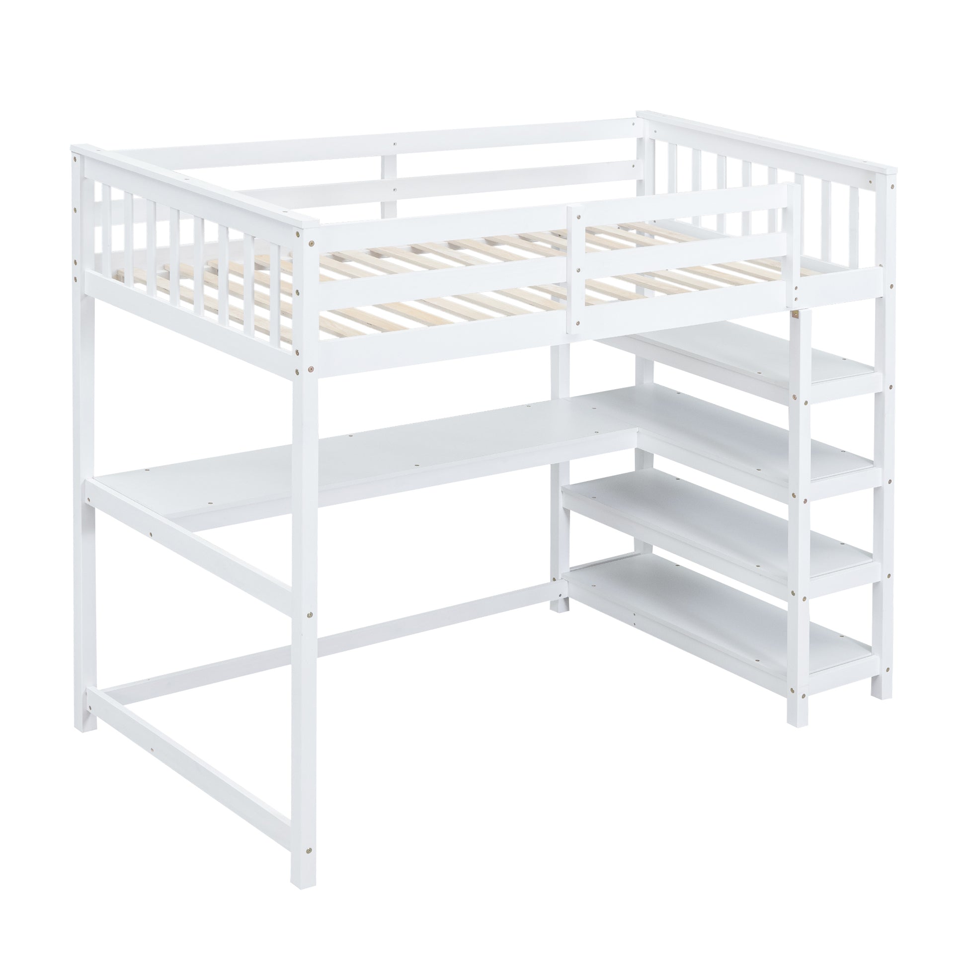 Twin Size Loft Bed With Storage Shelves And Under Bed Desk, White White Pine