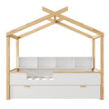 White Full Size Wooden House Bed With Original Wood Colored Frame Twin Size Trundle And Bookshelf Storage Space For Children Or Guest Room Full White Wood