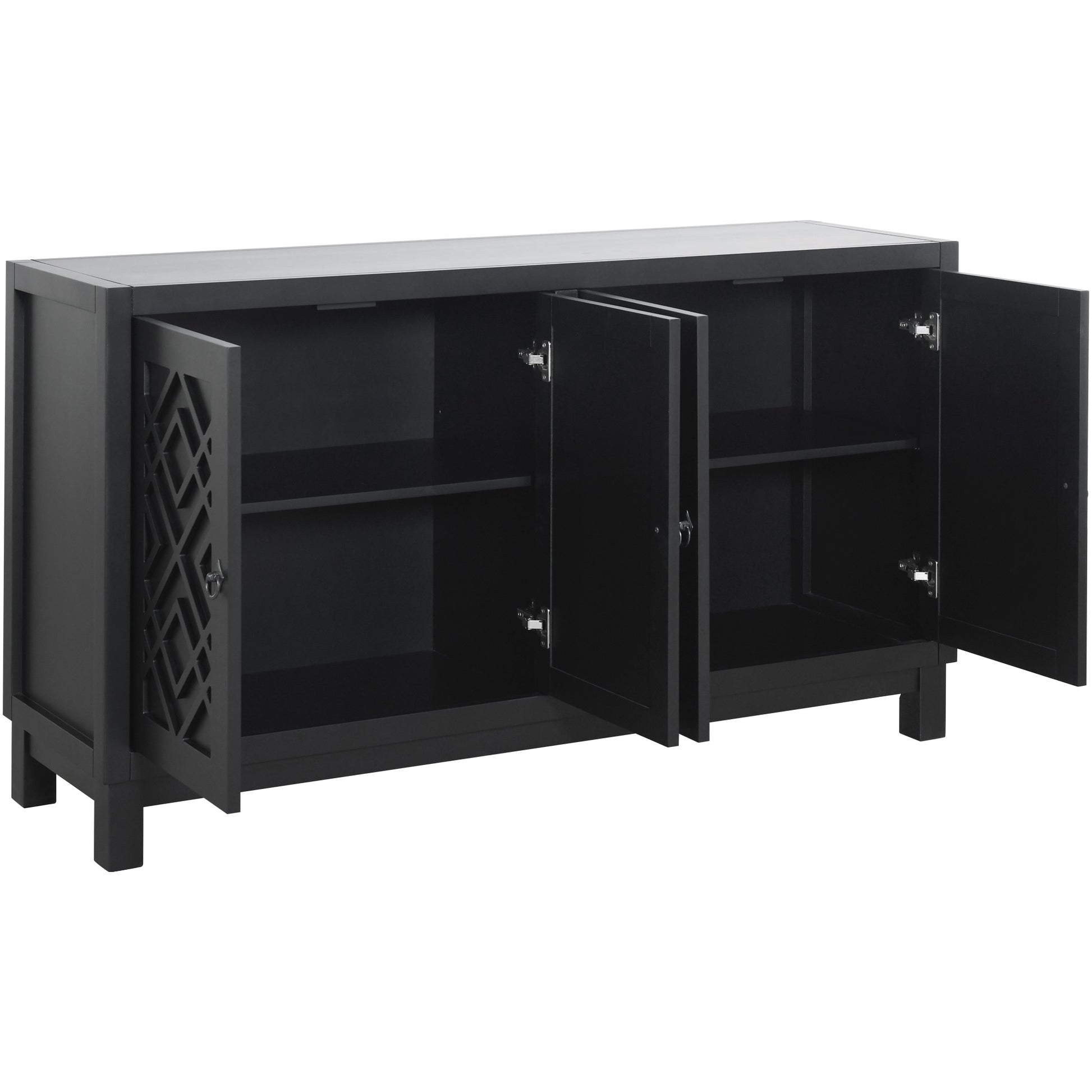 Large Storage Space Sideboard, 4 Door Buffet Cabinet With Pull Ring Handles For Living Room, Dining Room Black Black Mdf