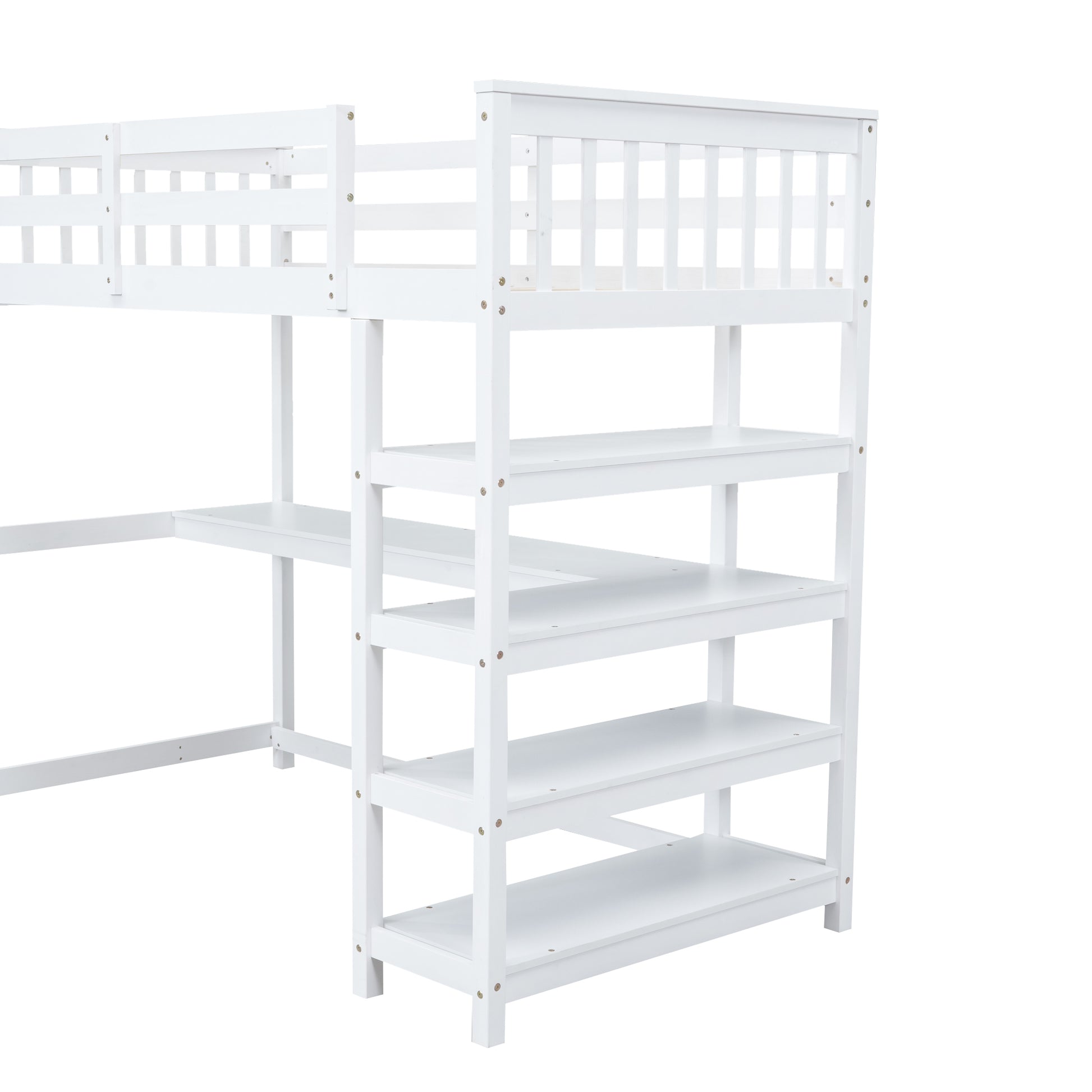 Twin Size Loft Bed With Storage Shelves And Under Bed Desk, White White Pine