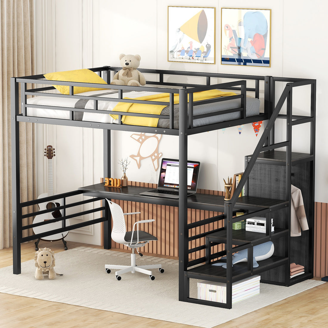 Full Size Metal Loft Bed With Desk, Storage Staircase And Small Wardrobe, Storage Stairs Can Be Installed Left And Right,Black Full Black Metal