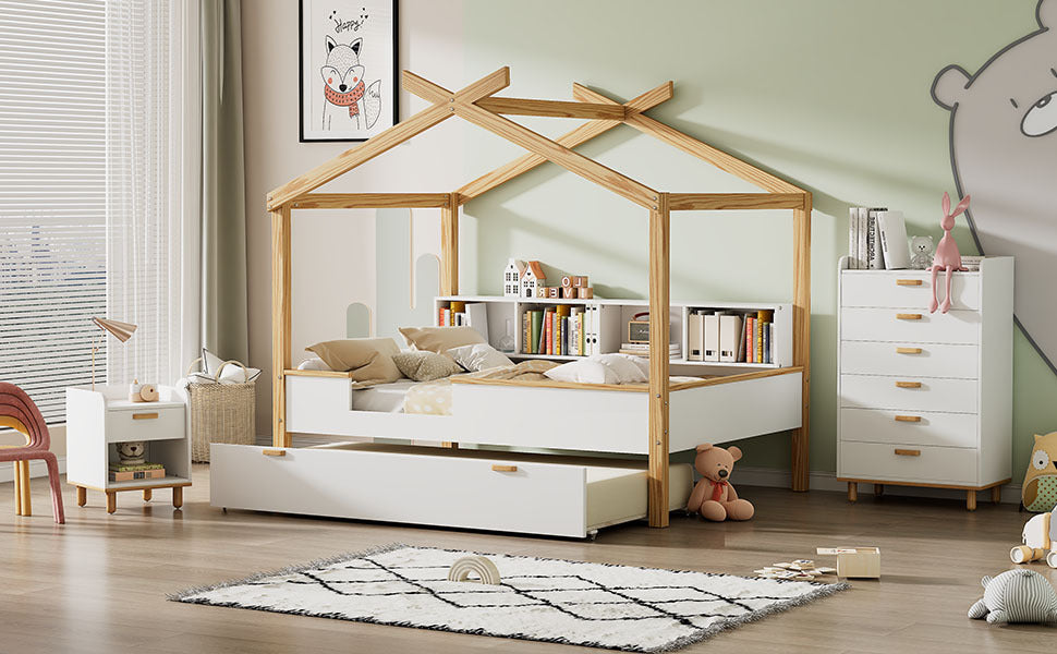 White Full Size Wooden House Bed With Original Wood Colored Frame Twin Size Trundle And Bookshelf Storage Space For Children Or Guest Room Full White Wood