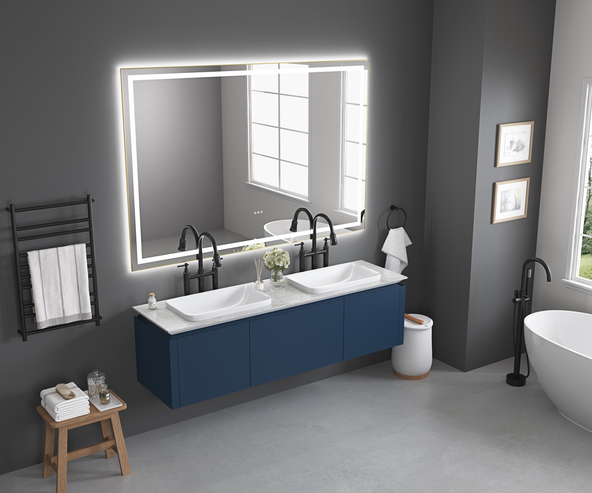 72In. W X 48In. H Oversized Rectangular Black Framed Led Mirror Anti Fog Dimmable Wall Mount Bathroom Vanity Mirror Hd Wall Mirror Kit For Gym And Dance Studio 48X 72Inches With Safety Ba Gold Aluminium