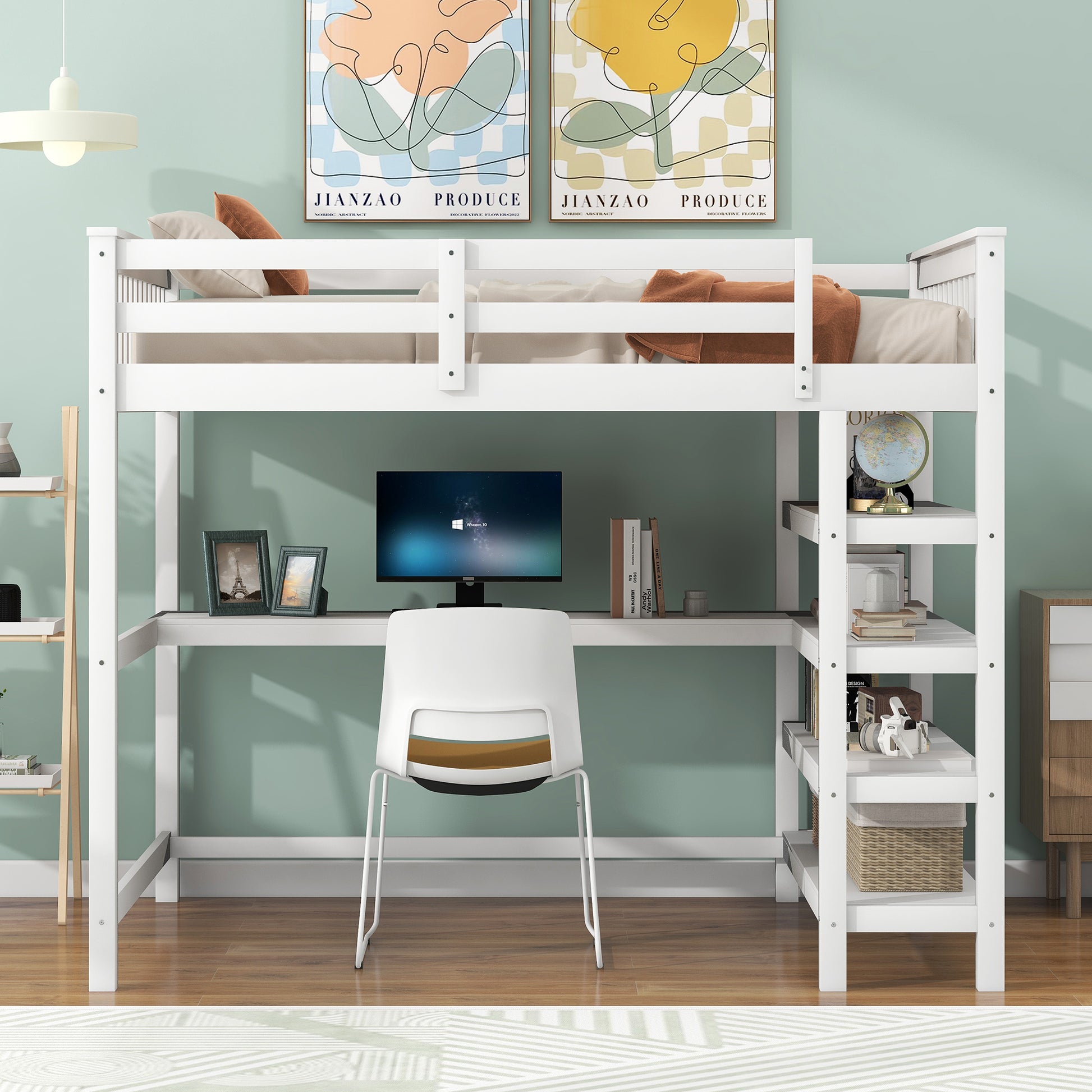 Full Size Loft Bed With Storage Shelves And Under Bed Desk, White Box Spring Not Required Full White Wood Bedroom Pine