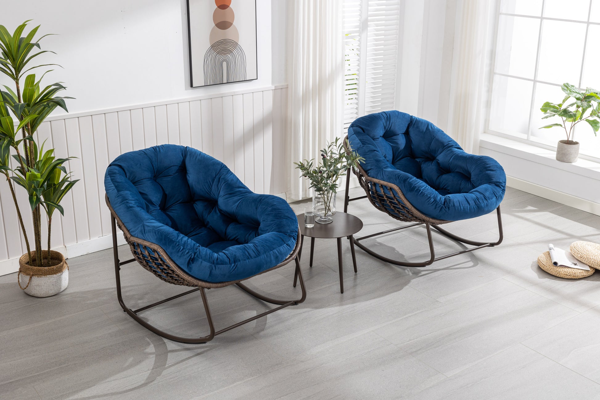 Outdoor Rattan Rocking Chair,Padded Cushion Rocker Recliner Chair Outdoor For Front Porch, Living Room, Patio, Garden, Navy Blue Navy Blue Cotton Steel