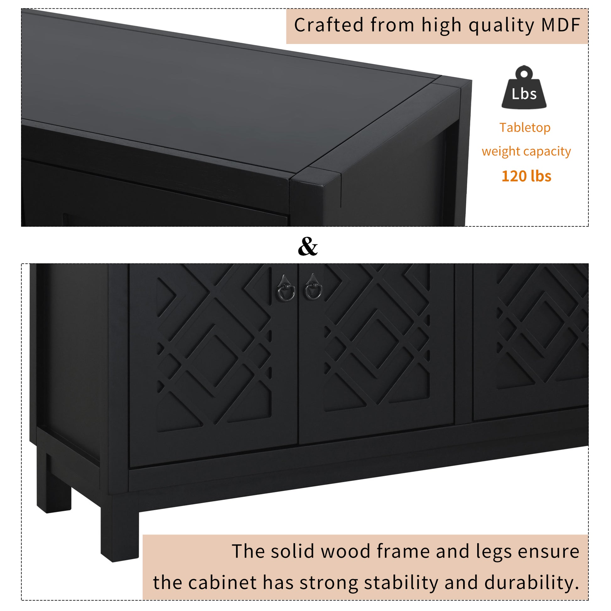 Large Storage Space Sideboard, 4 Door Buffet Cabinet With Pull Ring Handles For Living Room, Dining Room Black Black Mdf