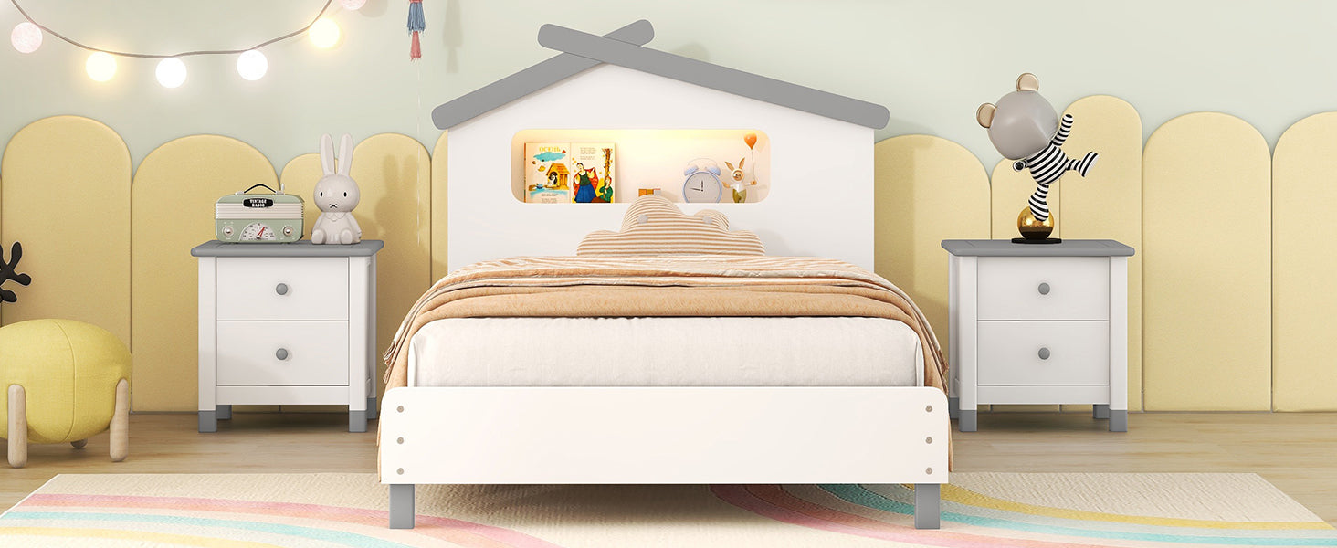 Twin Size Wood Platform Bed With House Shaped Headboard And Motion Activated Night Lights White Gray White Wood