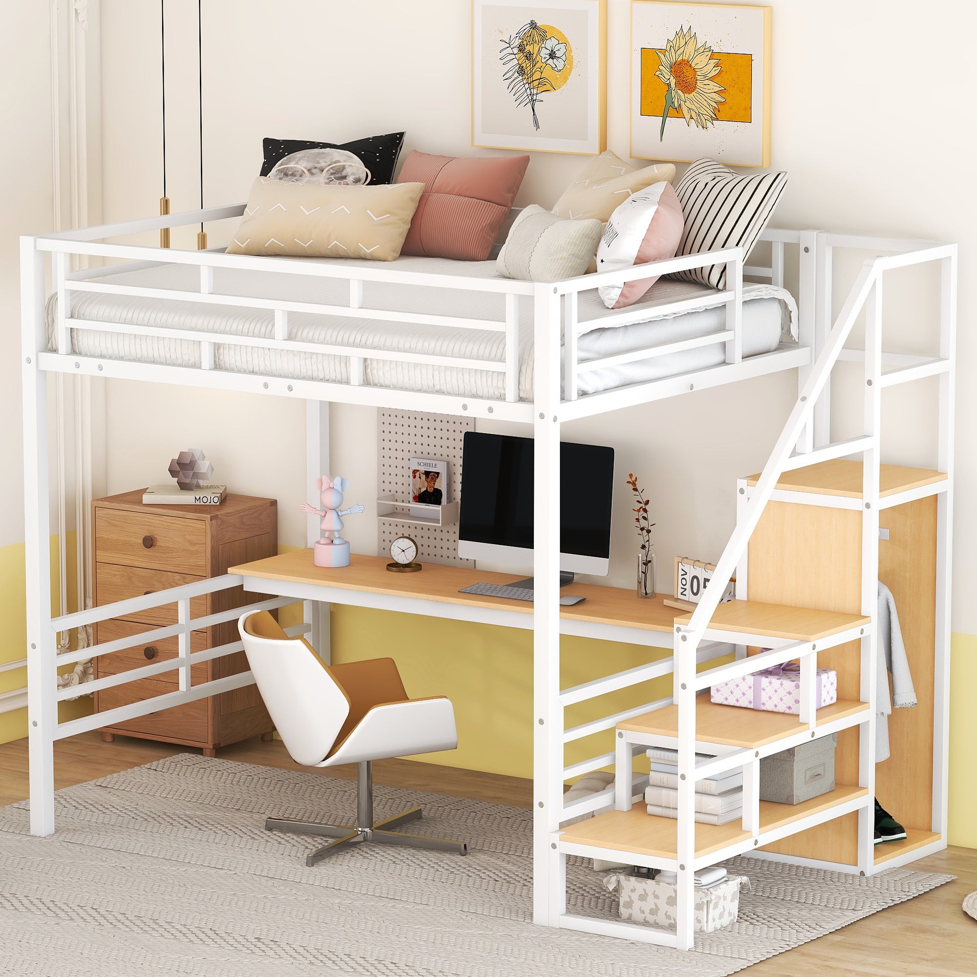 Full Size Metal Loft Bed With Desk, Storage Staircase And Small Wardrobe, Storage Stairs Can Be Installed Left And Right, White Box Spring Not Required Full White Metal Bedroom Bed Frame Metal