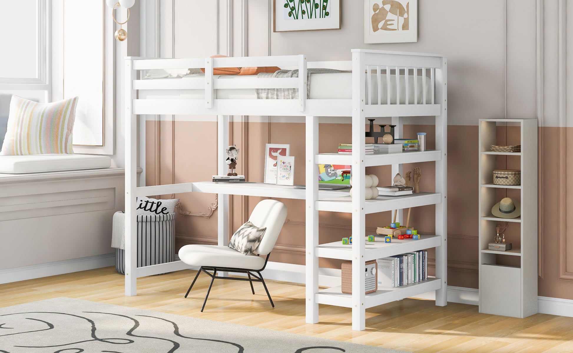 Twin Size Loft Bed With Storage Shelves And Under Bed Desk, White White Pine