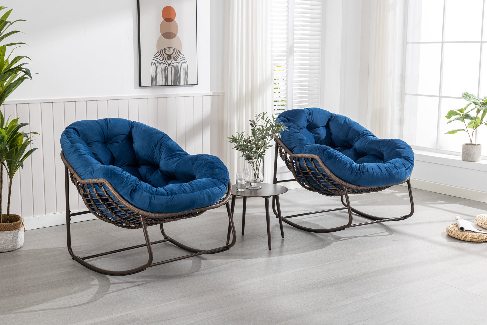 Outdoor Rattan Rocking Chair,Padded Cushion Rocker Recliner Chair Outdoor For Front Porch, Living Room, Patio, Garden, Navy Blue Navy Blue Cotton Steel