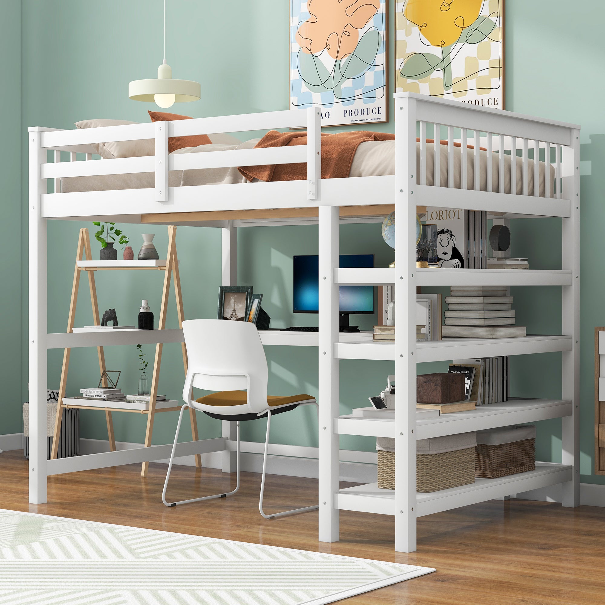 Full Size Loft Bed With Storage Shelves And Under Bed Desk, White Box Spring Not Required Full White Wood Bedroom Pine