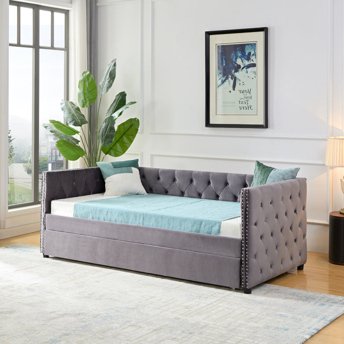 Daybed With Trundle Sofa Bed, Upgraded Velvet Upholstered Sofa Bed, With Button And Copper Nail On Square Arms,Bedroom Living Room Furniture Grey,Twin,83.47"X41.91"X30.71" Box Spring Required Twin Gray Wood Bedroom American Traditional Eucalyptus Bed