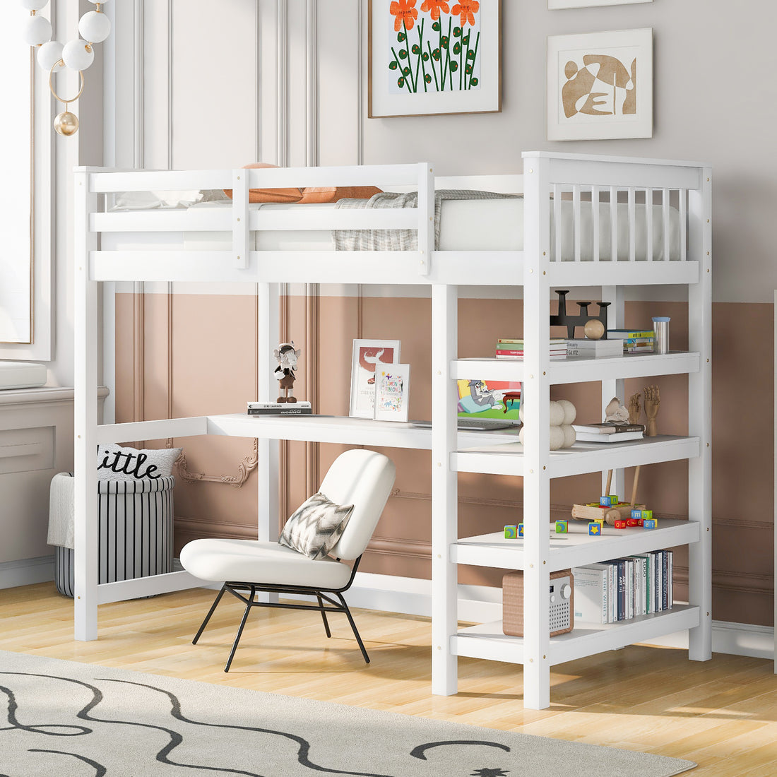 Twin Size Loft Bed With Storage Shelves And Under Bed Desk, White White Pine