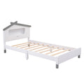 Twin Size Wood Platform Bed With House Shaped Headboard And Motion Activated Night Lights White Gray White Wood