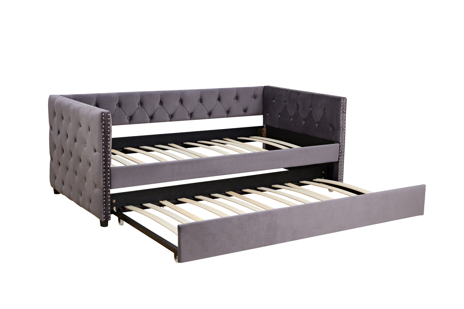 Daybed With Trundle Sofa Bed, Upgraded Velvet Upholstered Sofa Bed, With Button And Copper Nail On Square Arms,Bedroom Living Room Furniture Grey,Twin,83.47"X41.91"X30.71" Box Spring Required Twin Gray Wood Bedroom American Traditional Eucalyptus Bed