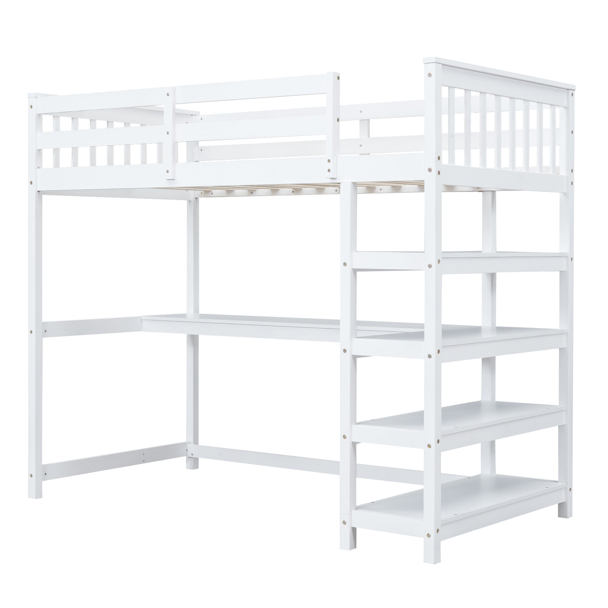 Twin Size Loft Bed With Storage Shelves And Under Bed Desk, White White Pine